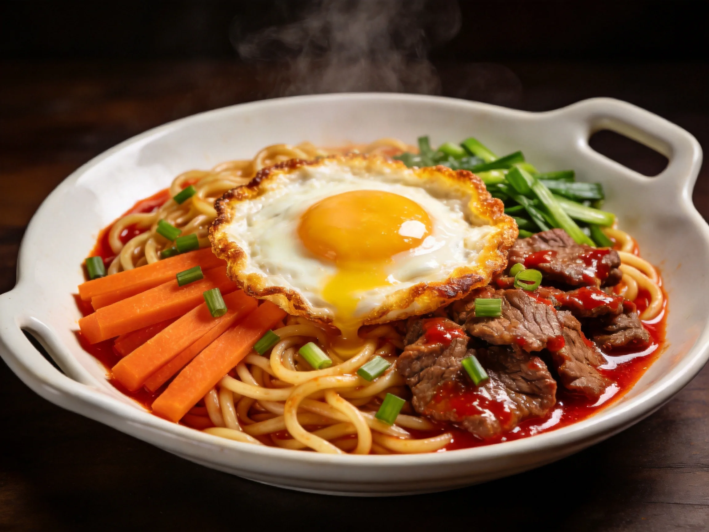 Steaming noodle dish with fried egg, beef, carrot strips, and green onions