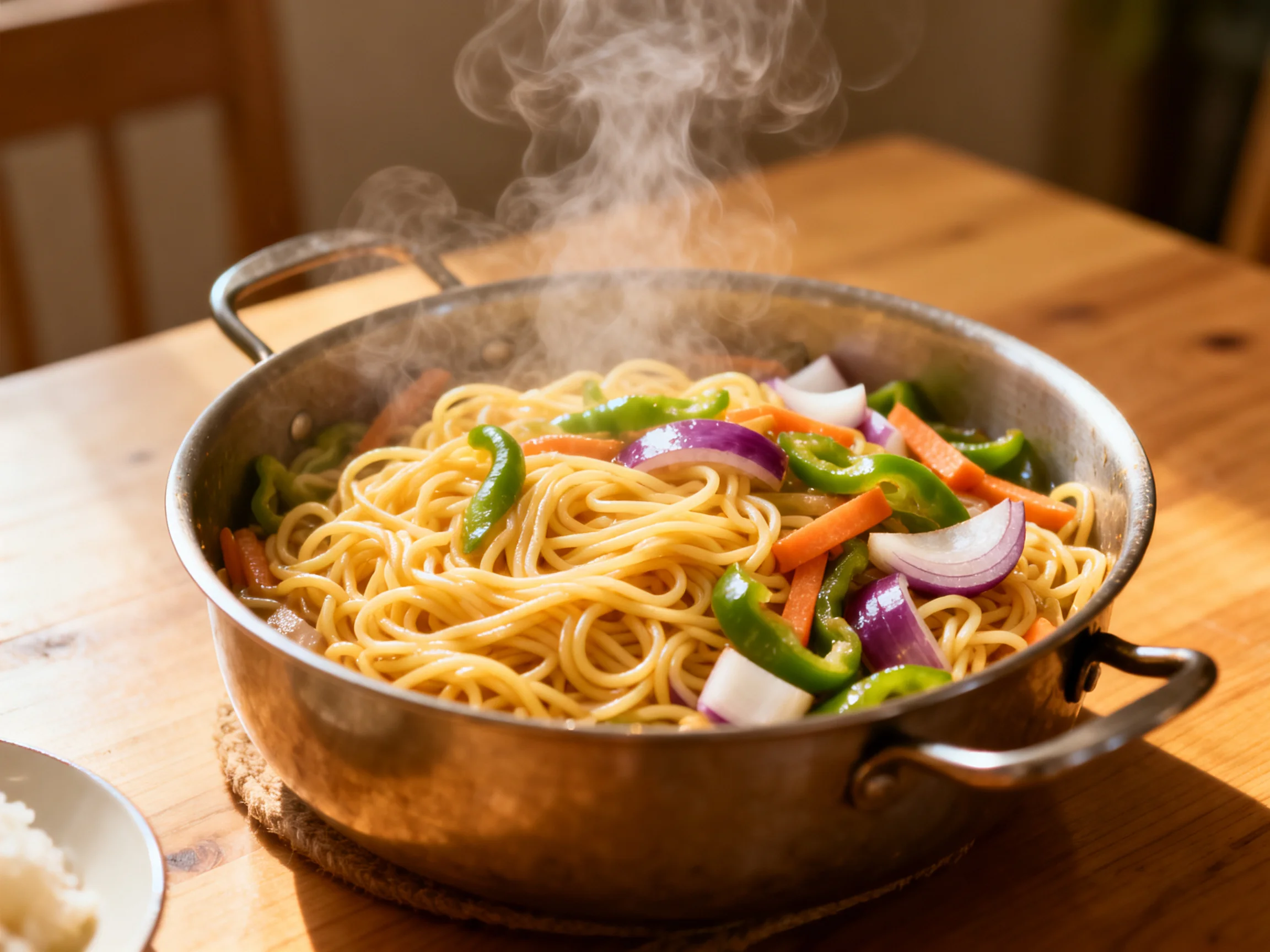 Steaming noodle stir-fry with peppers, onions, carrots in metal pan