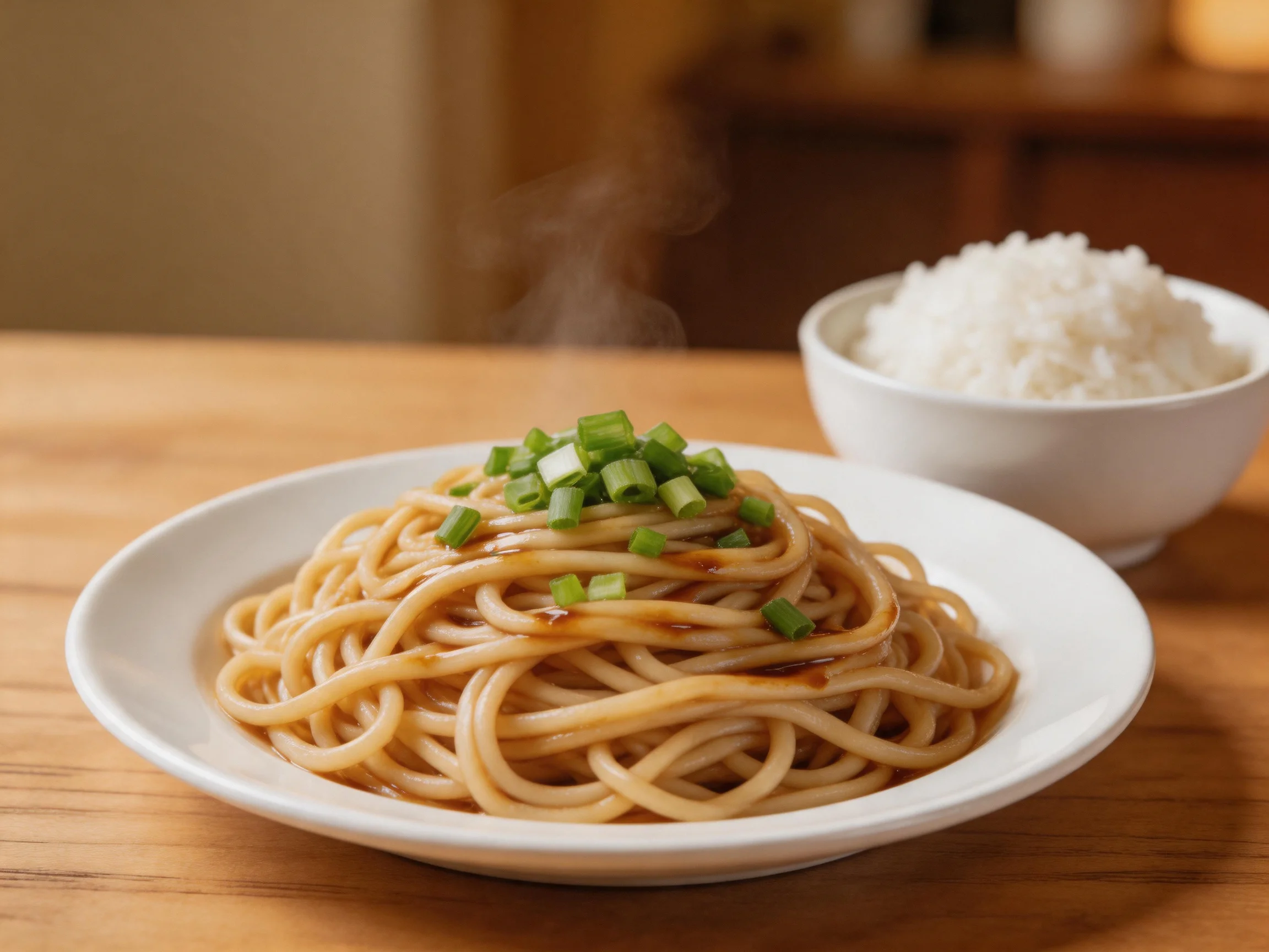 Steaming noodles garnished with scallions beside a bowl of white rice
