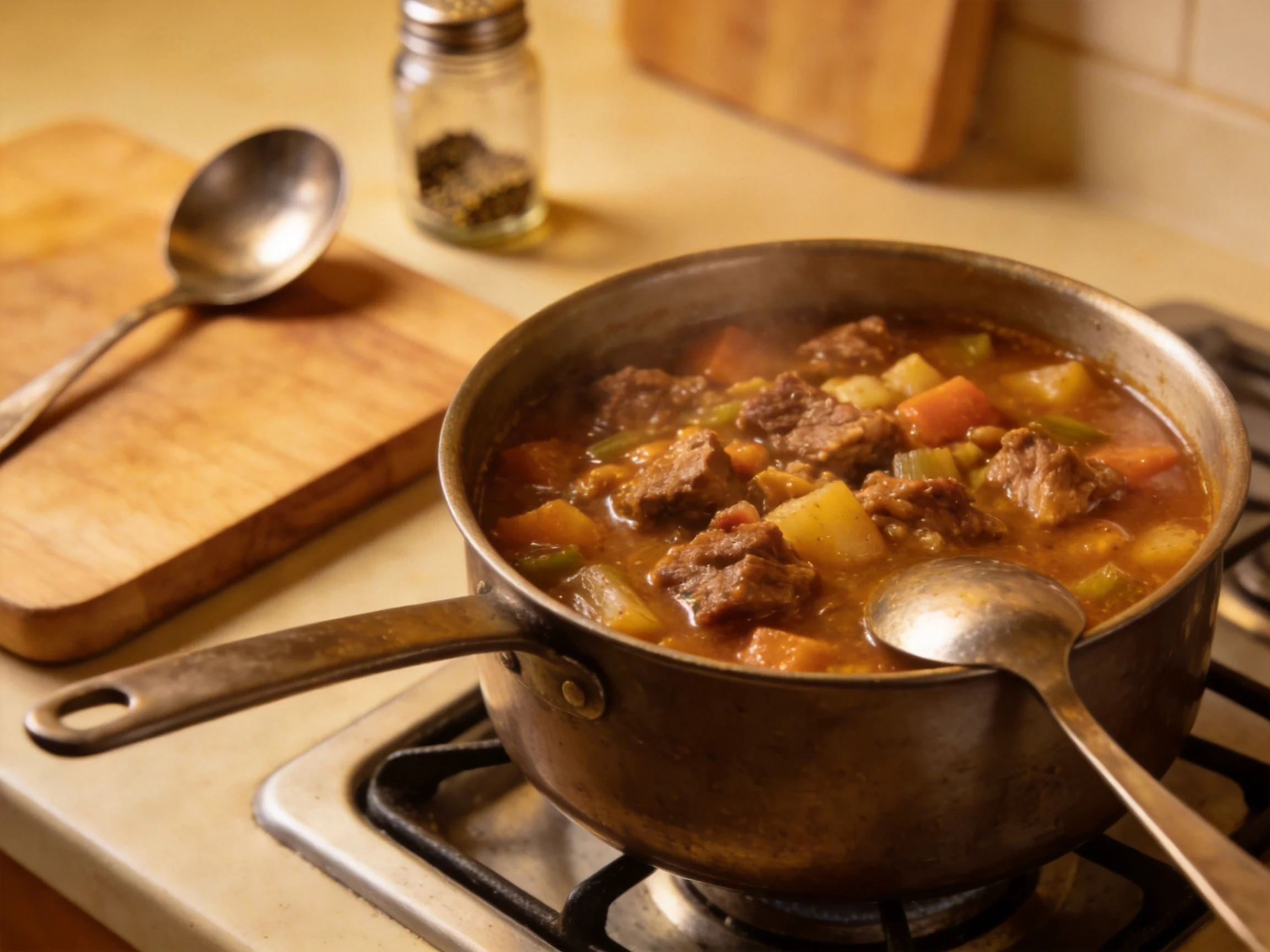 Steaming pot of hearty beef and vegetable stew on a gas stove