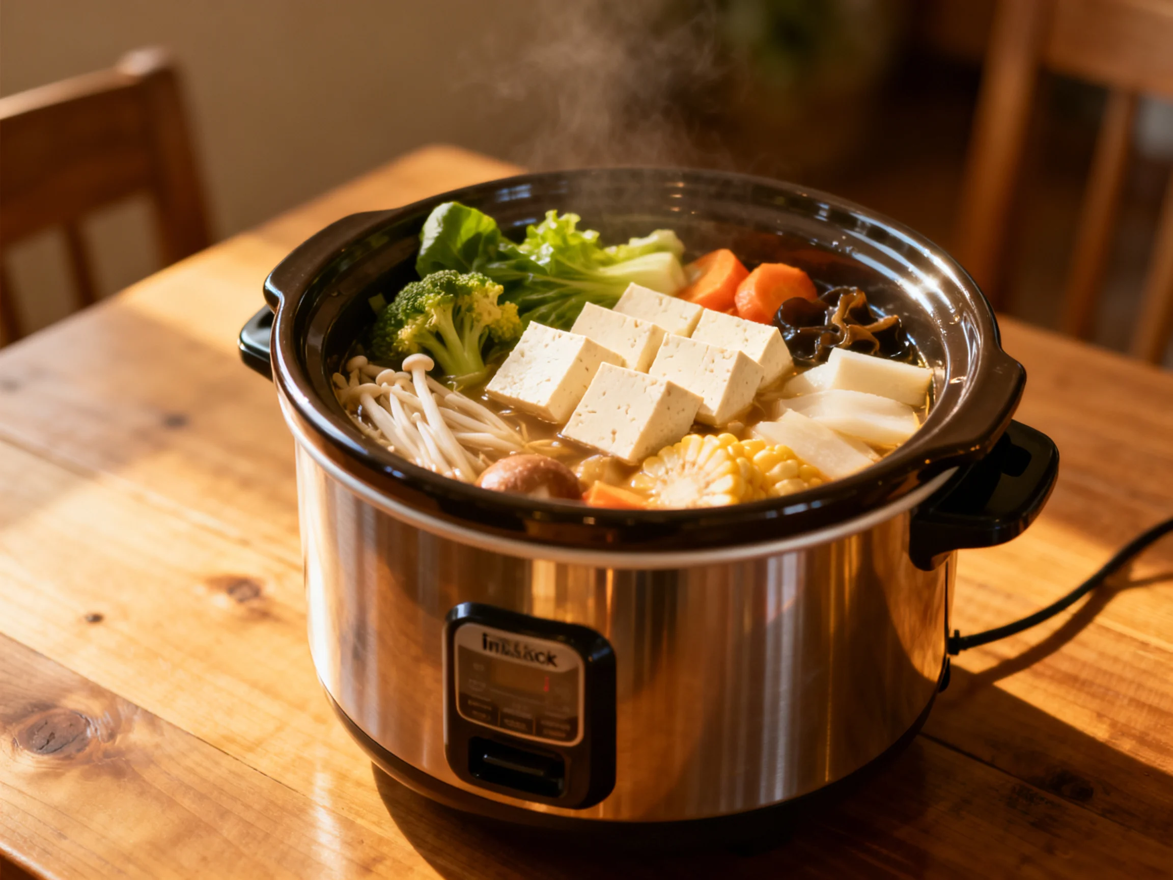 Steaming vegetable and tofu hot pot in stainless steel slow cooker on wooden table