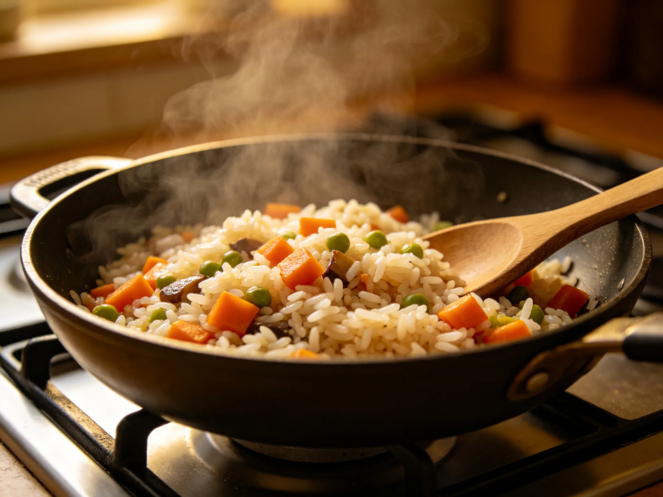 Steaming vegetable fried rice cooking in a black wok on a gas stove