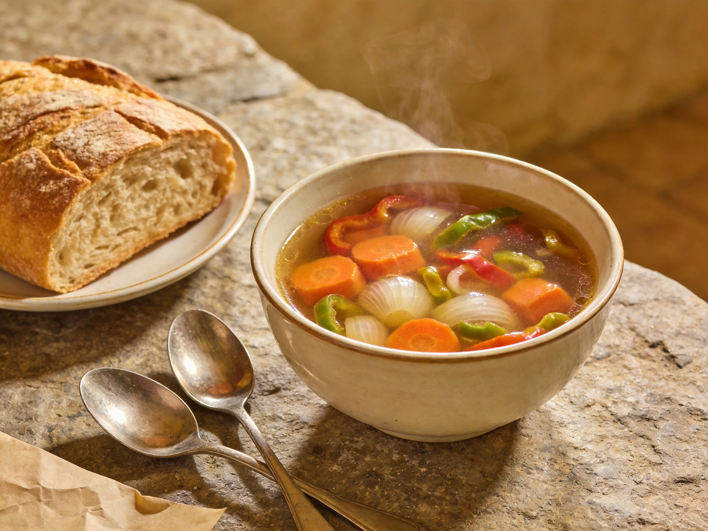 Steaming vegetable soup, crusty bread, and metal spoons