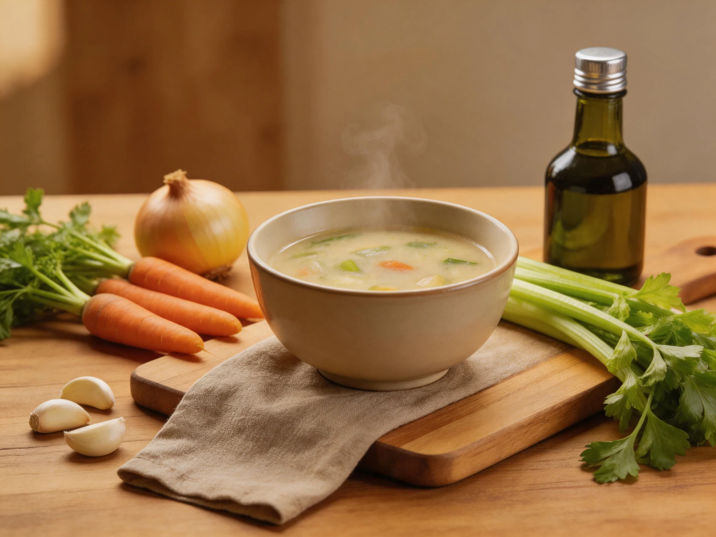 Steaming vegetable soup with fresh ingredients arranged around