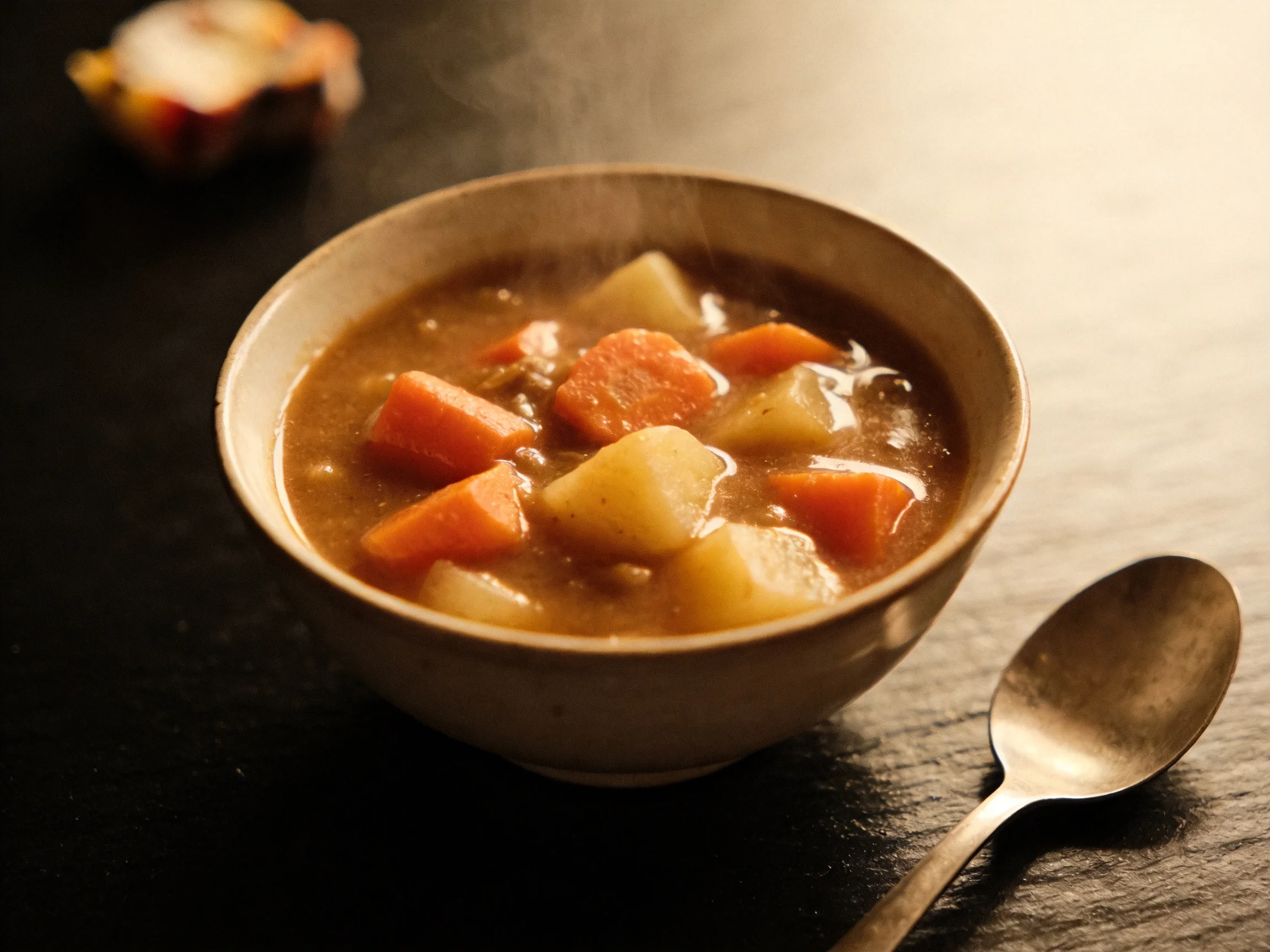 Steaming vegetable stew bowl with carrots and potatoes