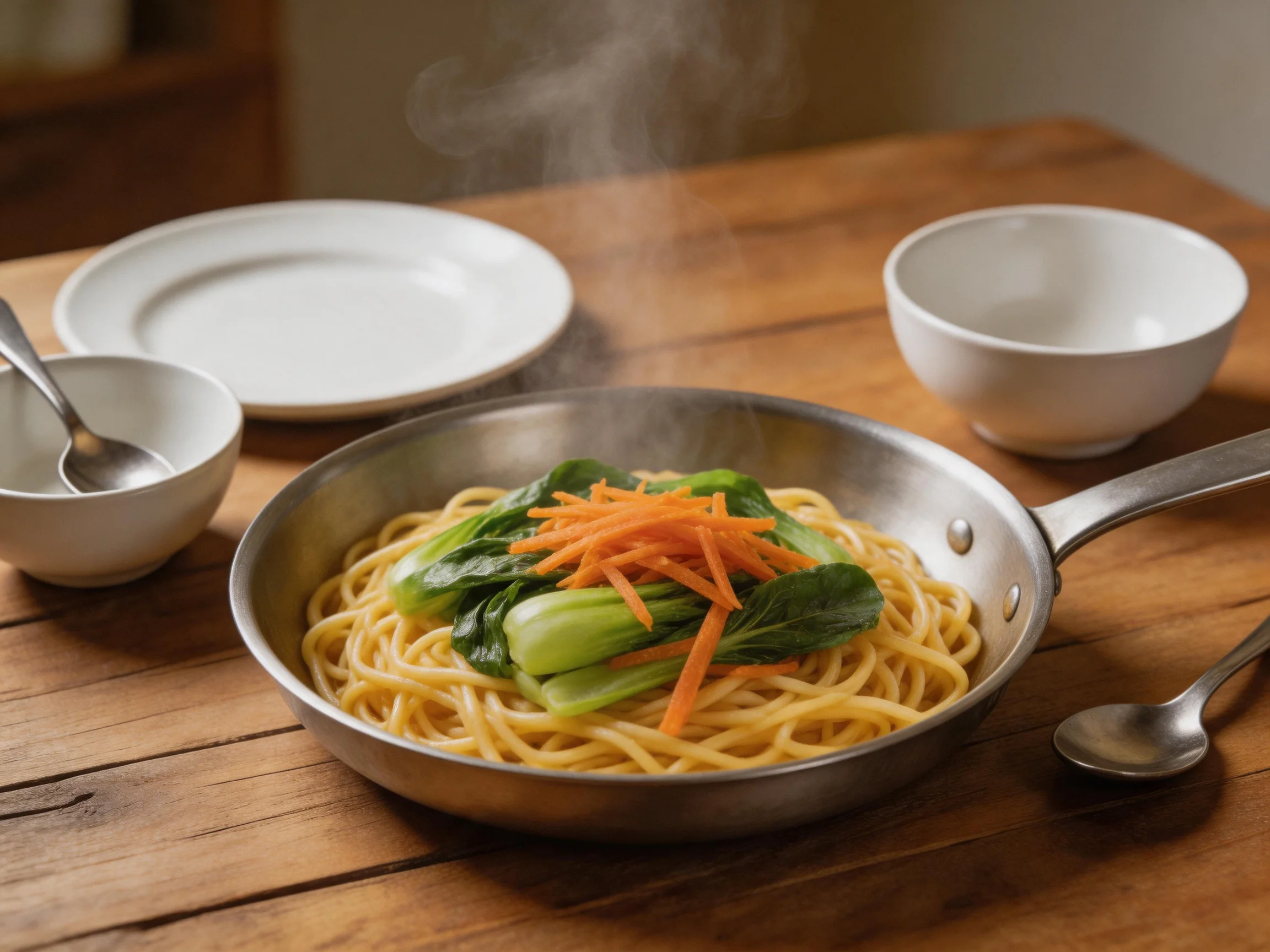 Steaming vegetable-topped noodles in a skillet on a wooden table