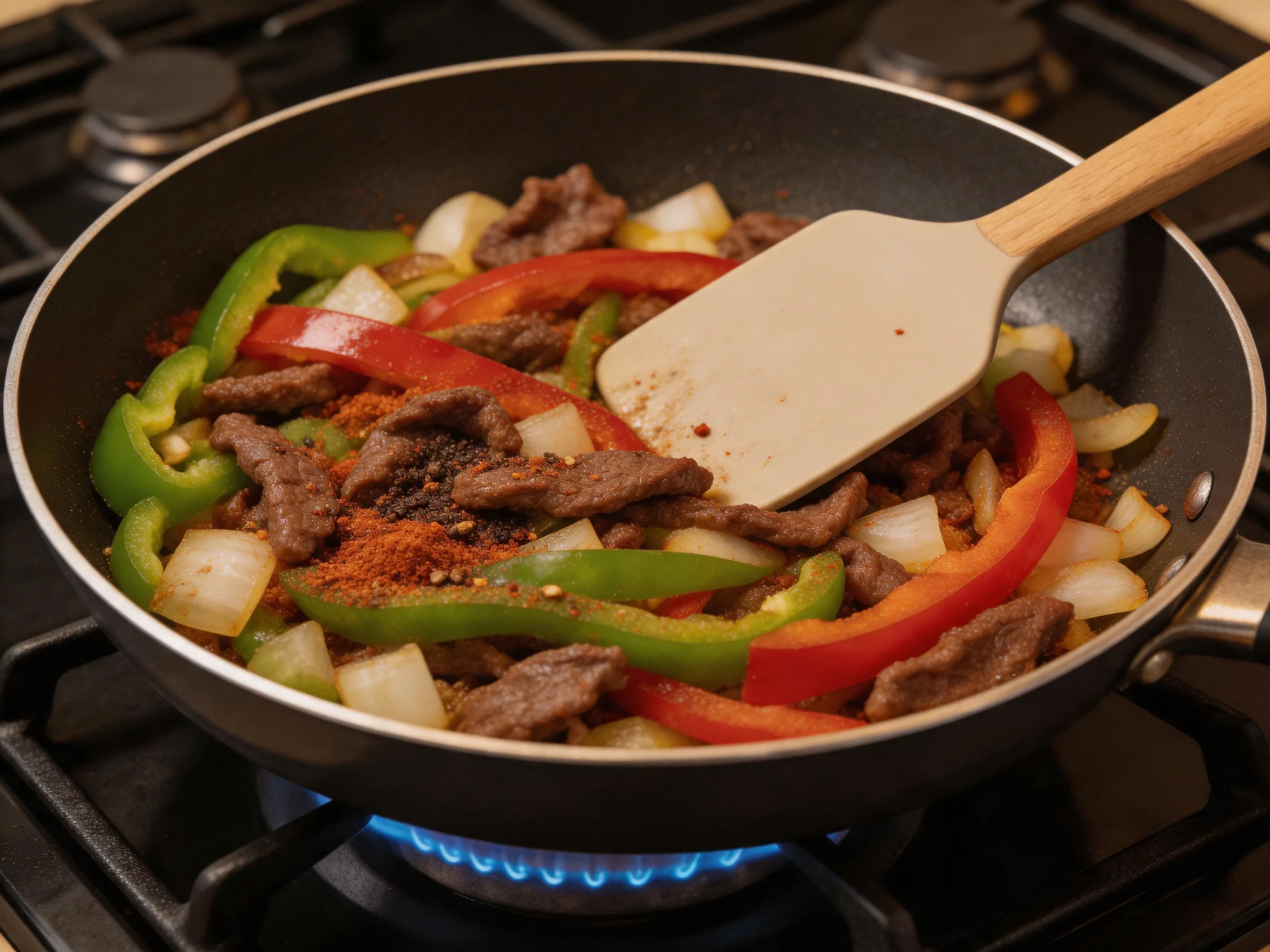 Stir - fried beef, bell peppers, and onions cooking in a black skillet with a wooden spatula