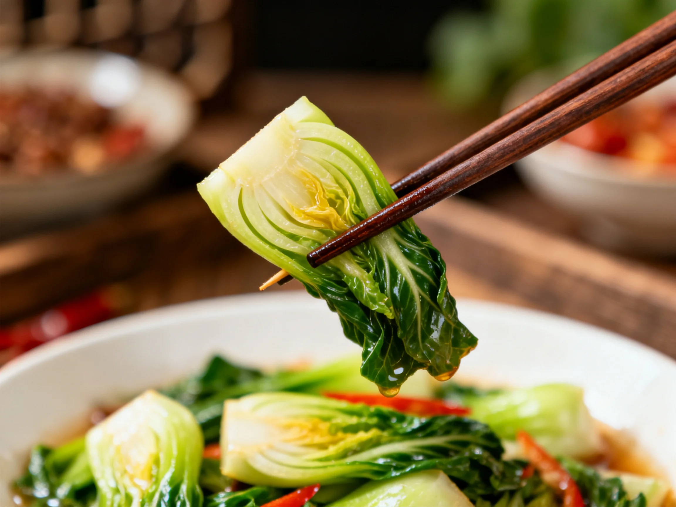 Stir-fried bok choy with red peppers and savory sauce
