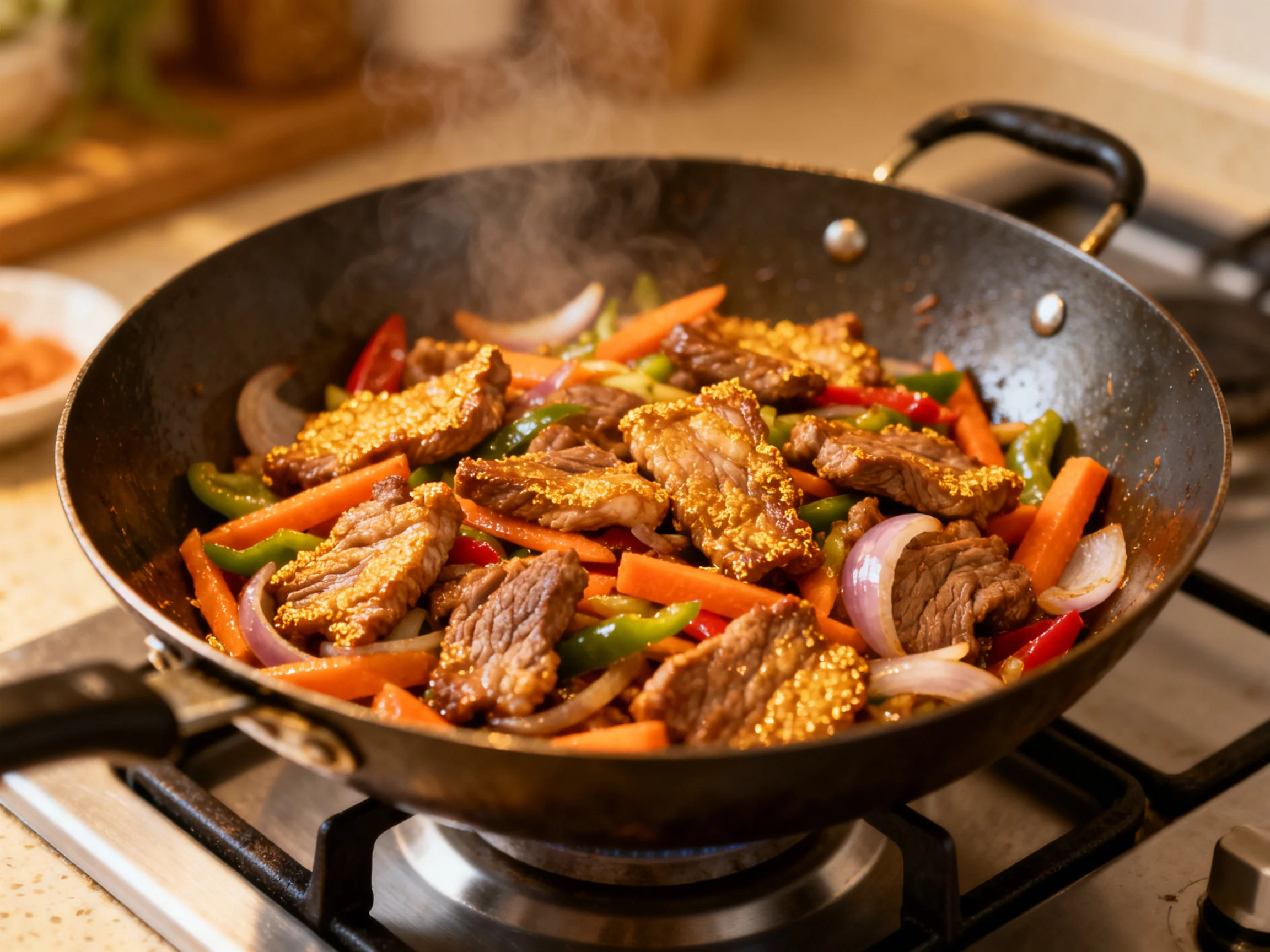 Stir-fried marinated beef with bell peppers, carrots, and onions in a black wok