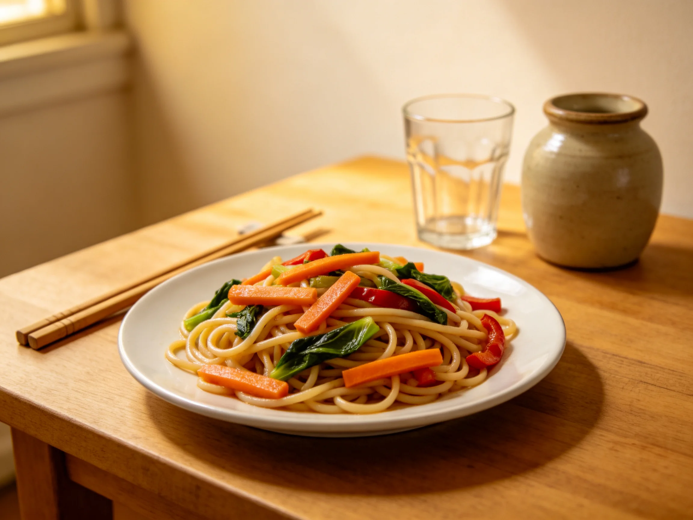Stir-fried noodle dish with carrots, peppers, and greens on a wooden table