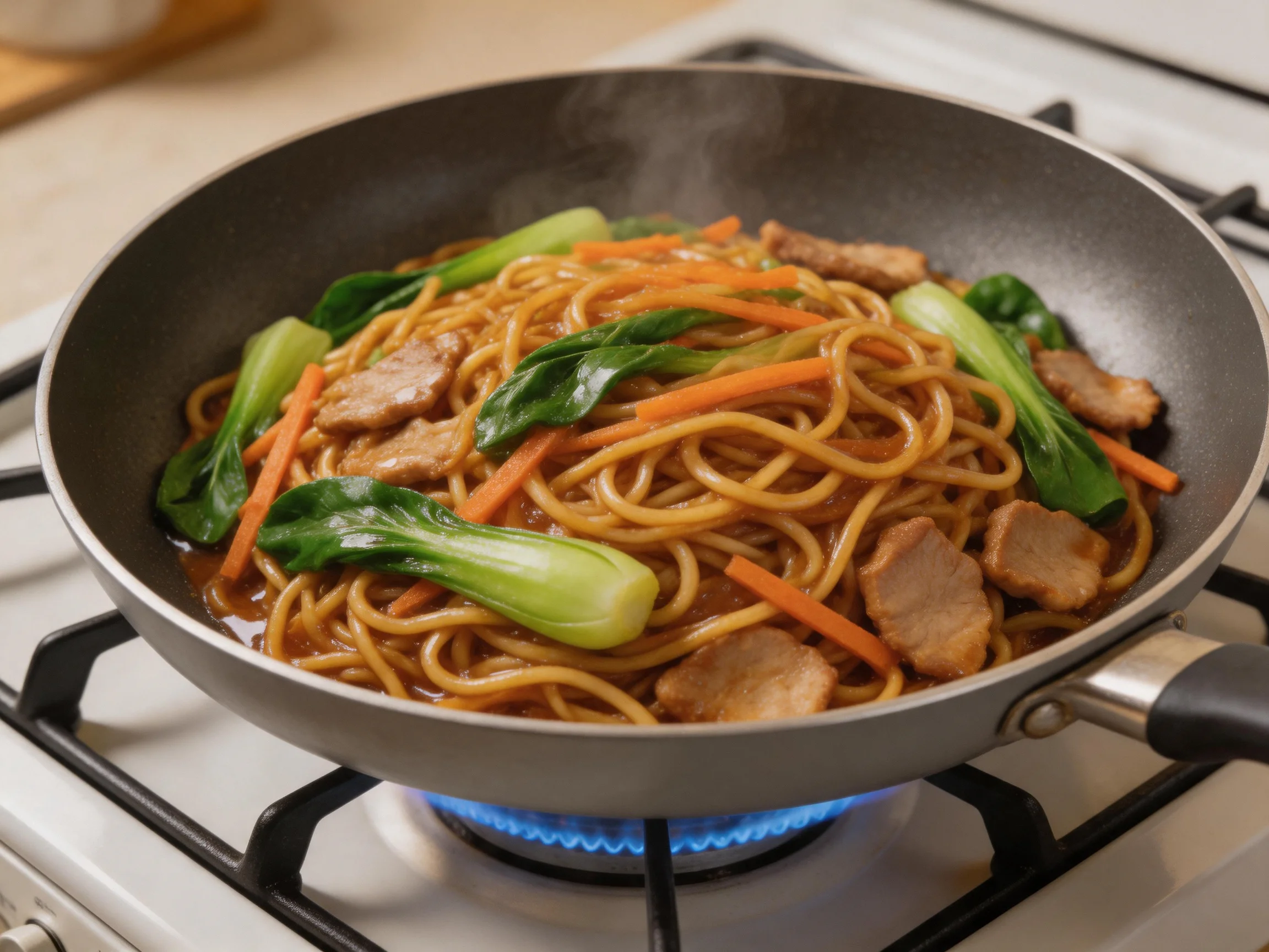 Stir-fried noodles with pork, carrots, and bok choy in a wok