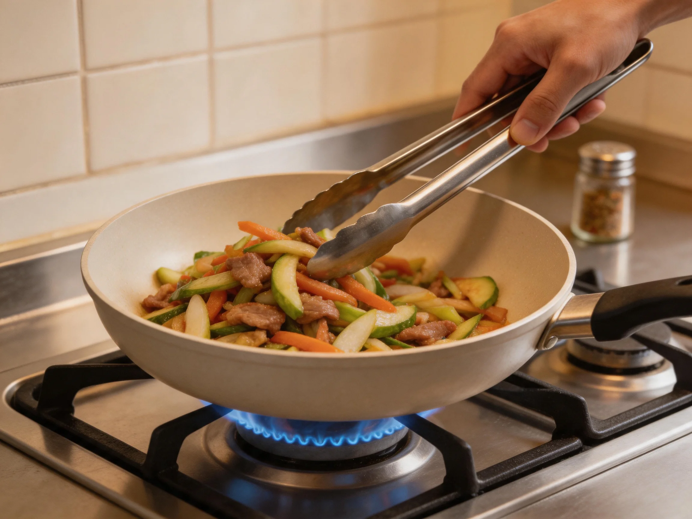 Stir-frying colorful vegetables and meat in a white wok over blue flame