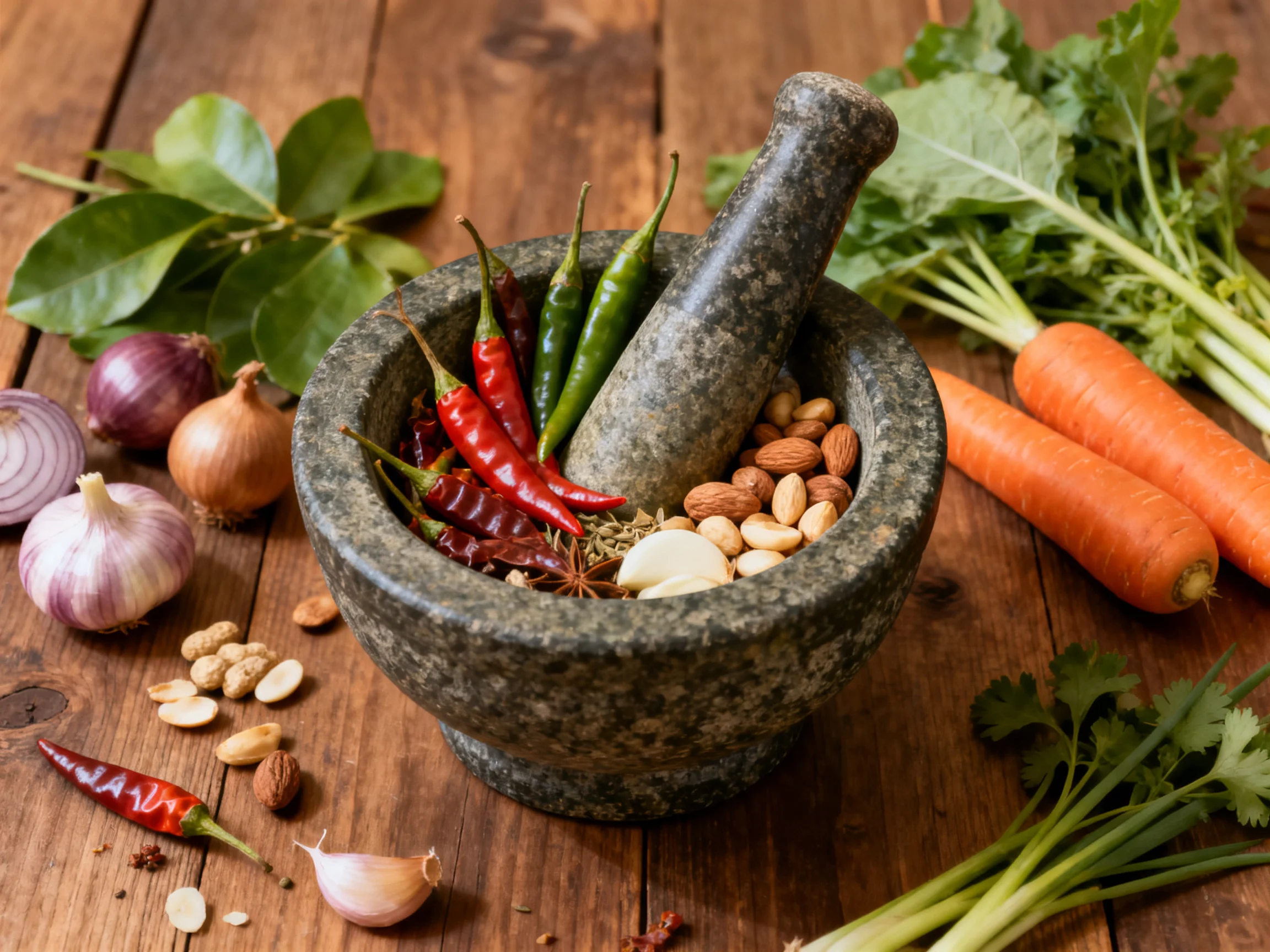 Stone mortar with colorful spices, fresh vegetables, herbs on wooden surface