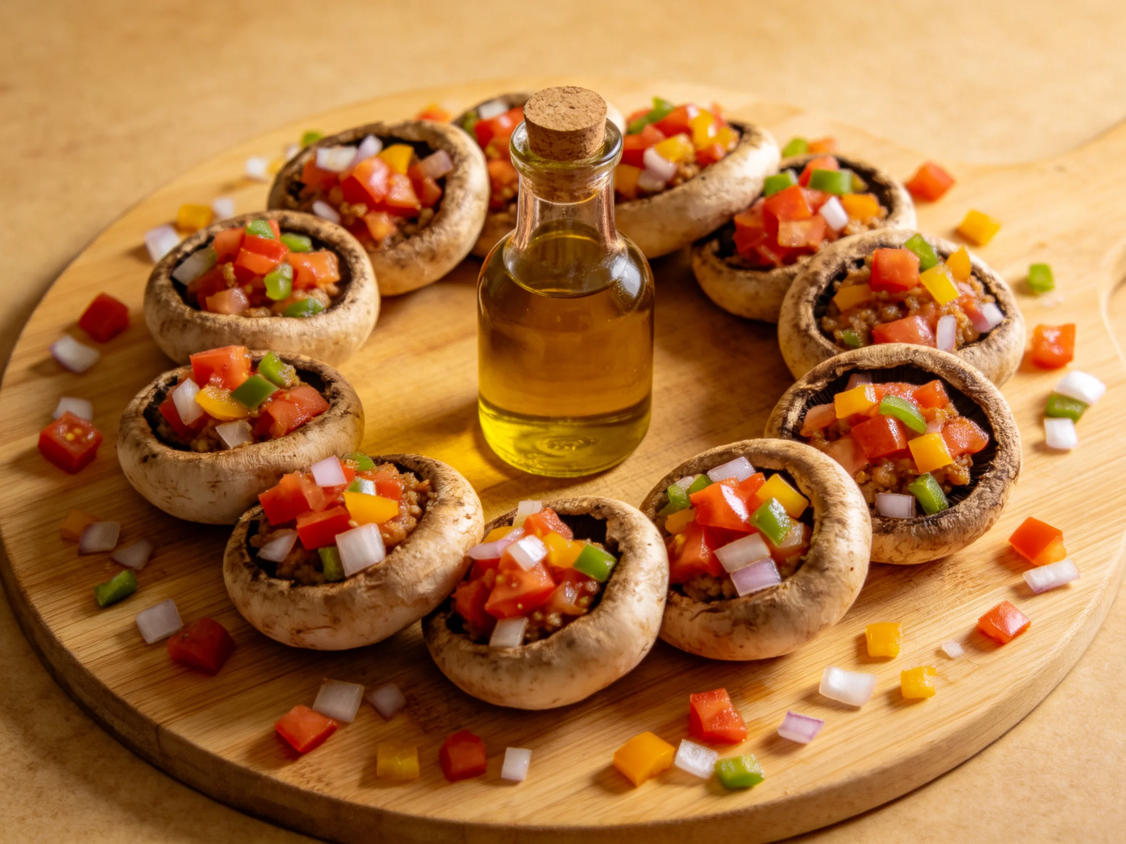 Stuffed mushroom appetizers arranged around olive oil bottle on wooden platter