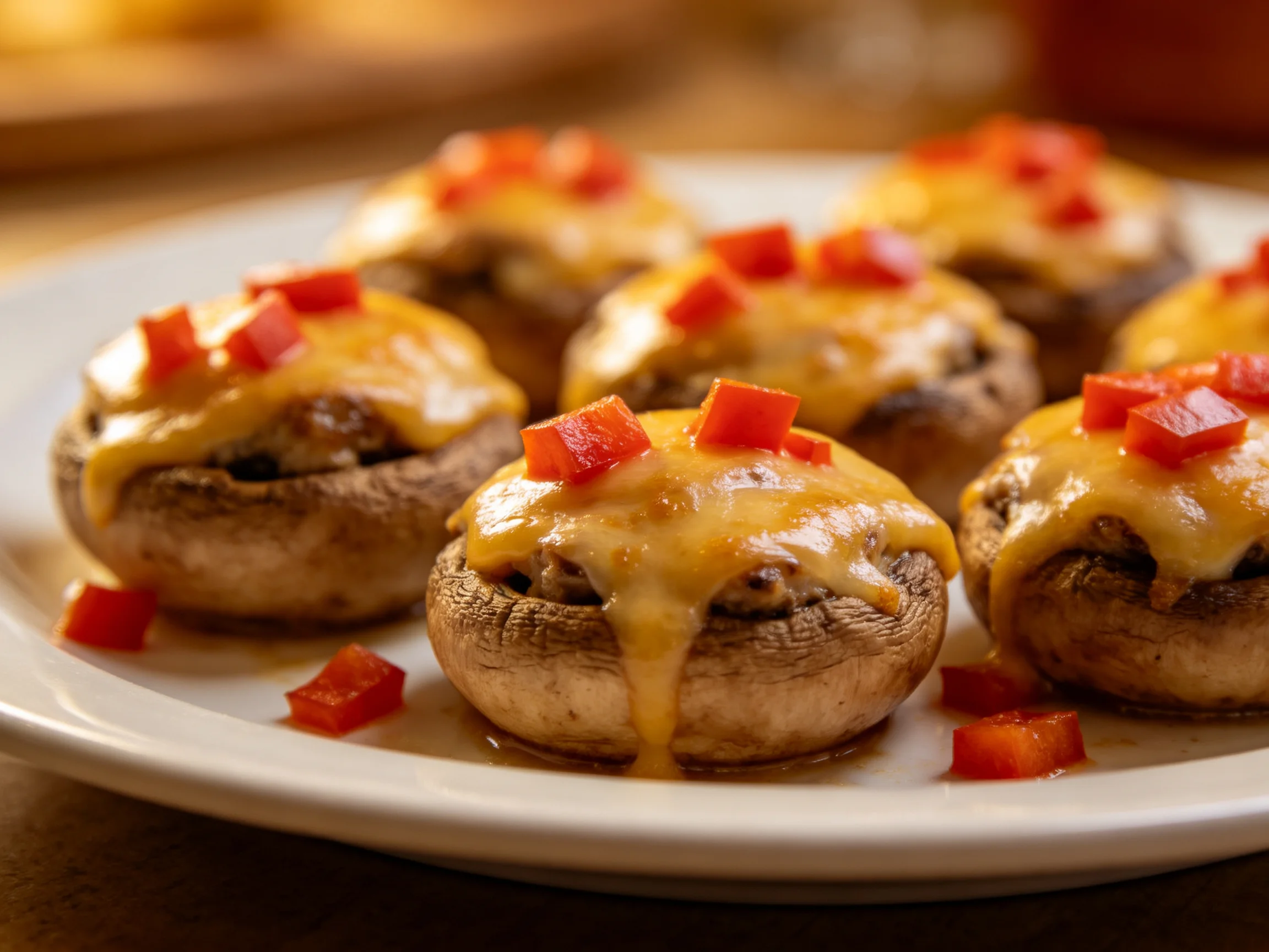 Stuffed mushrooms topped with melted cheese and diced red peppers on a white plate