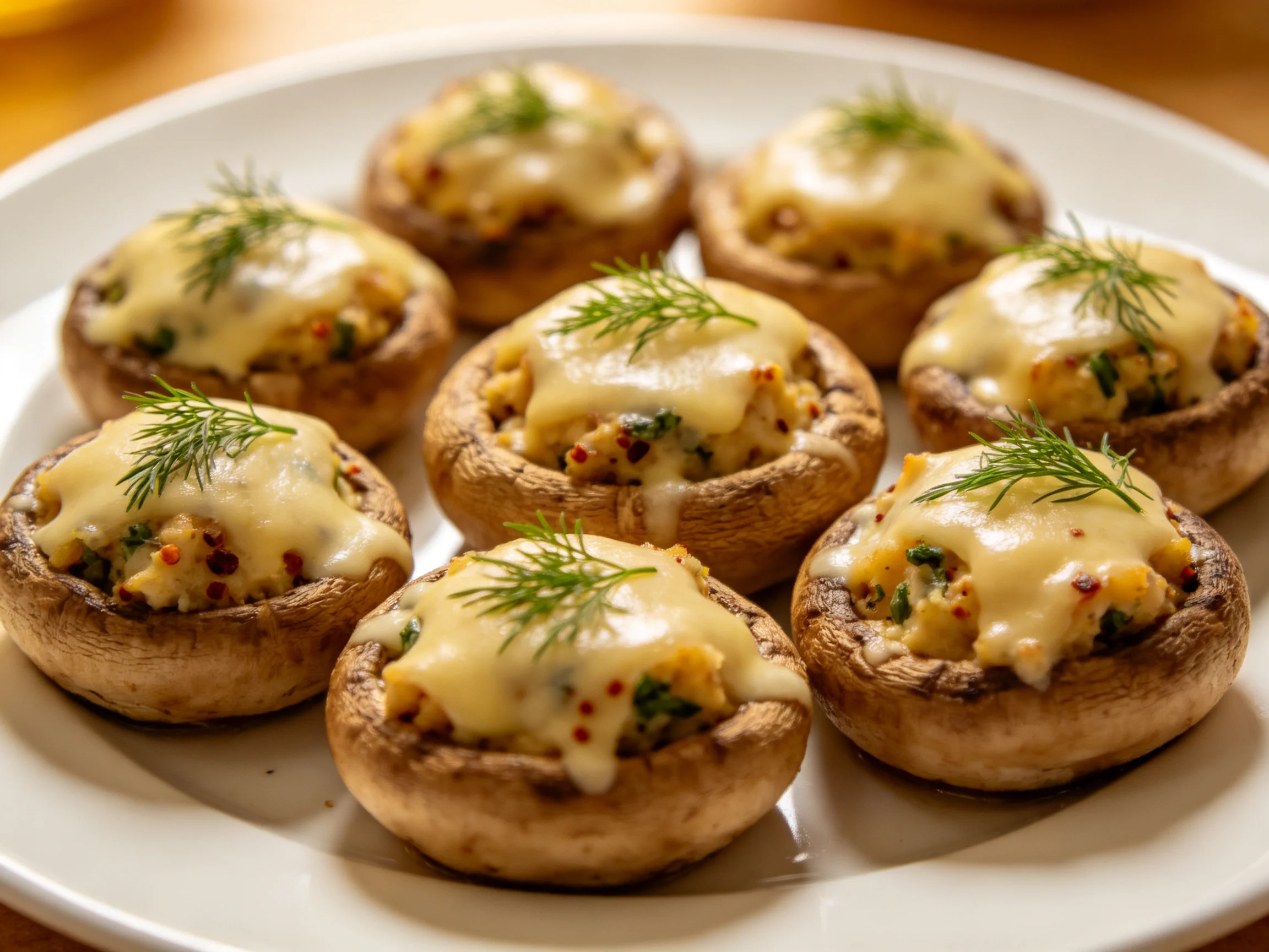 Stuffed mushrooms topped with melted cheese and fresh dill on a white plate