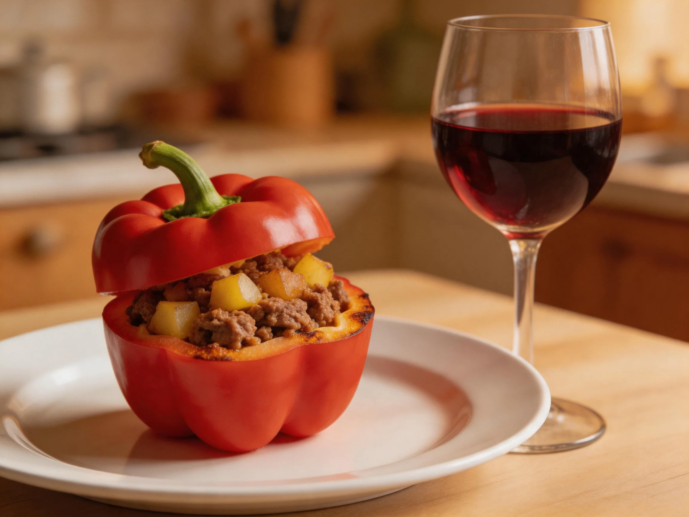 Stuffed red bell pepper with meat and potatoes served with red wine in a kitchen