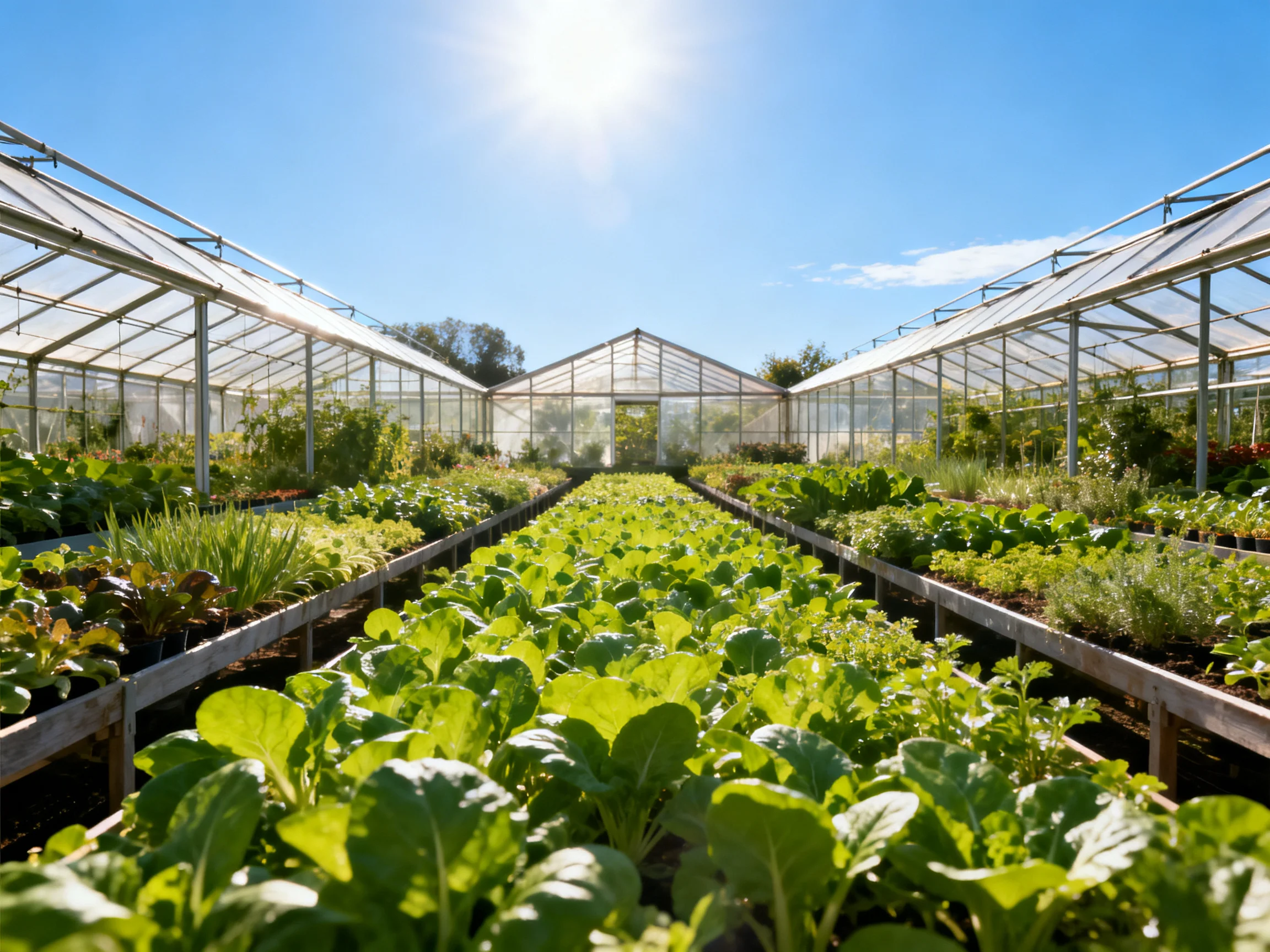 Sunlit greenhouse complex with abundant leafy vegetable rows