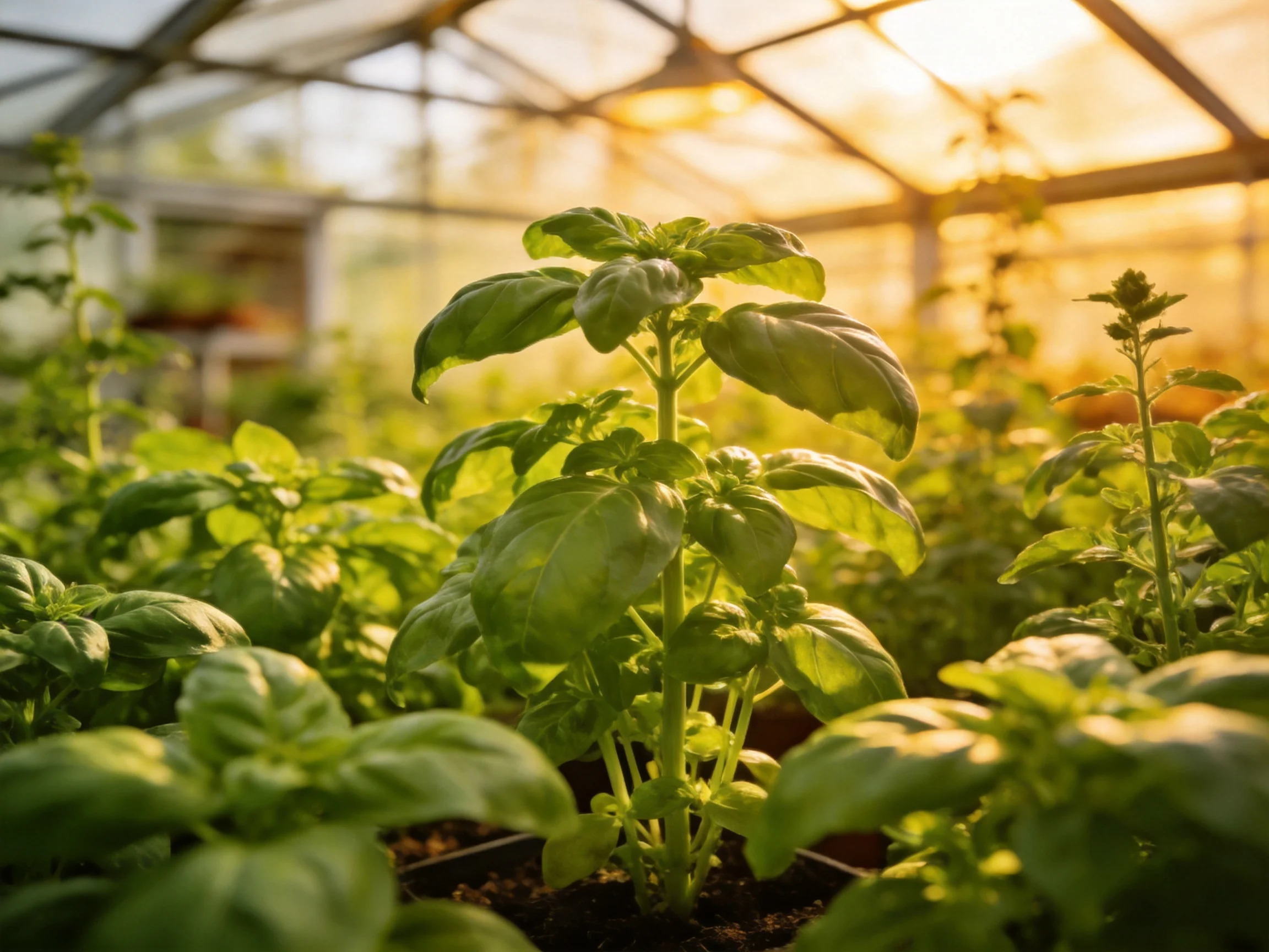 Sunlit greenhouse with abundant lush green herb plants