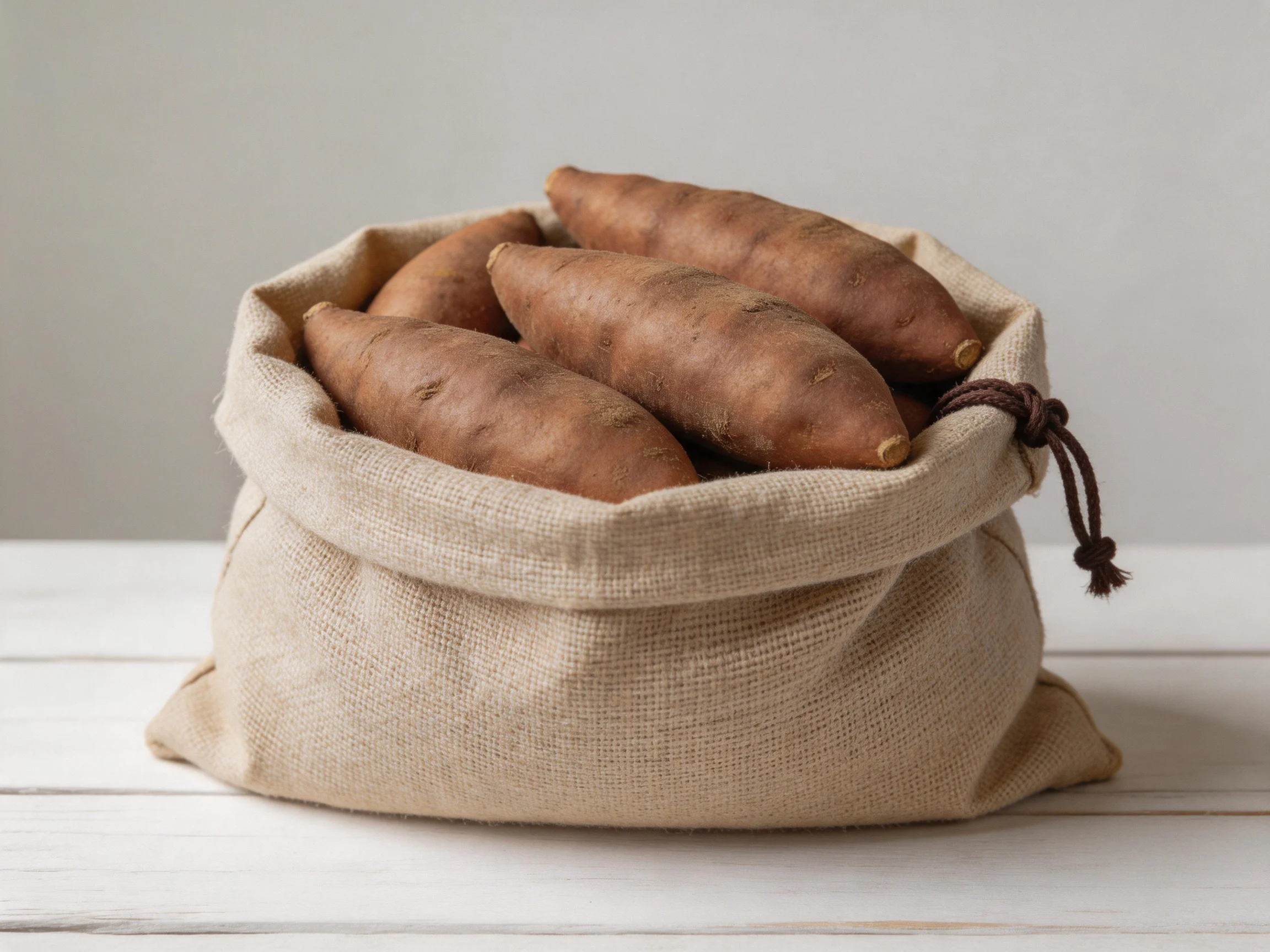 Sweet potatoes nestled in a burlap sack on a white wooden surface