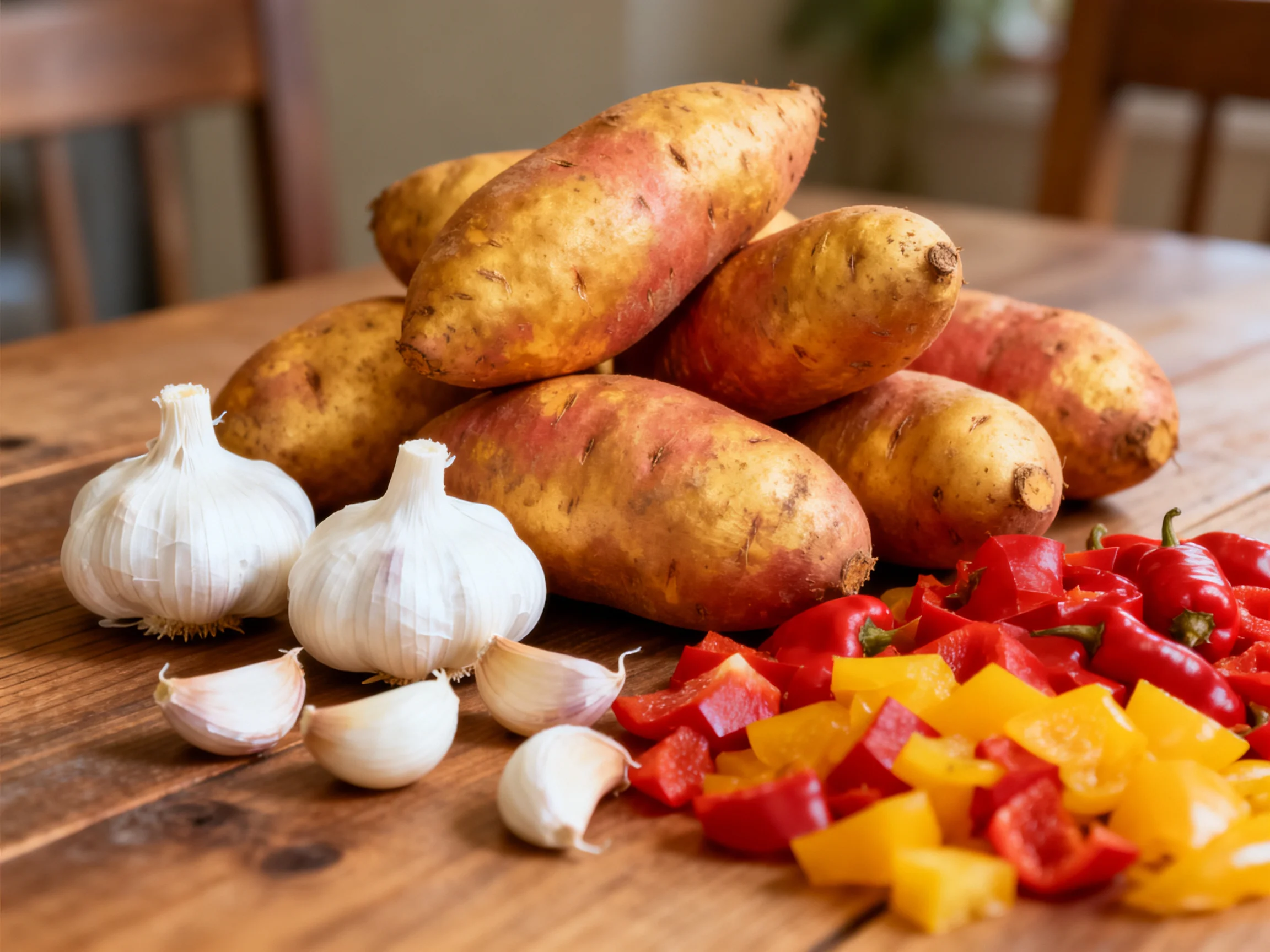 Sweet potatoes stacked beside garlic bulbs and colorful bell pepper slices on a wooden table
