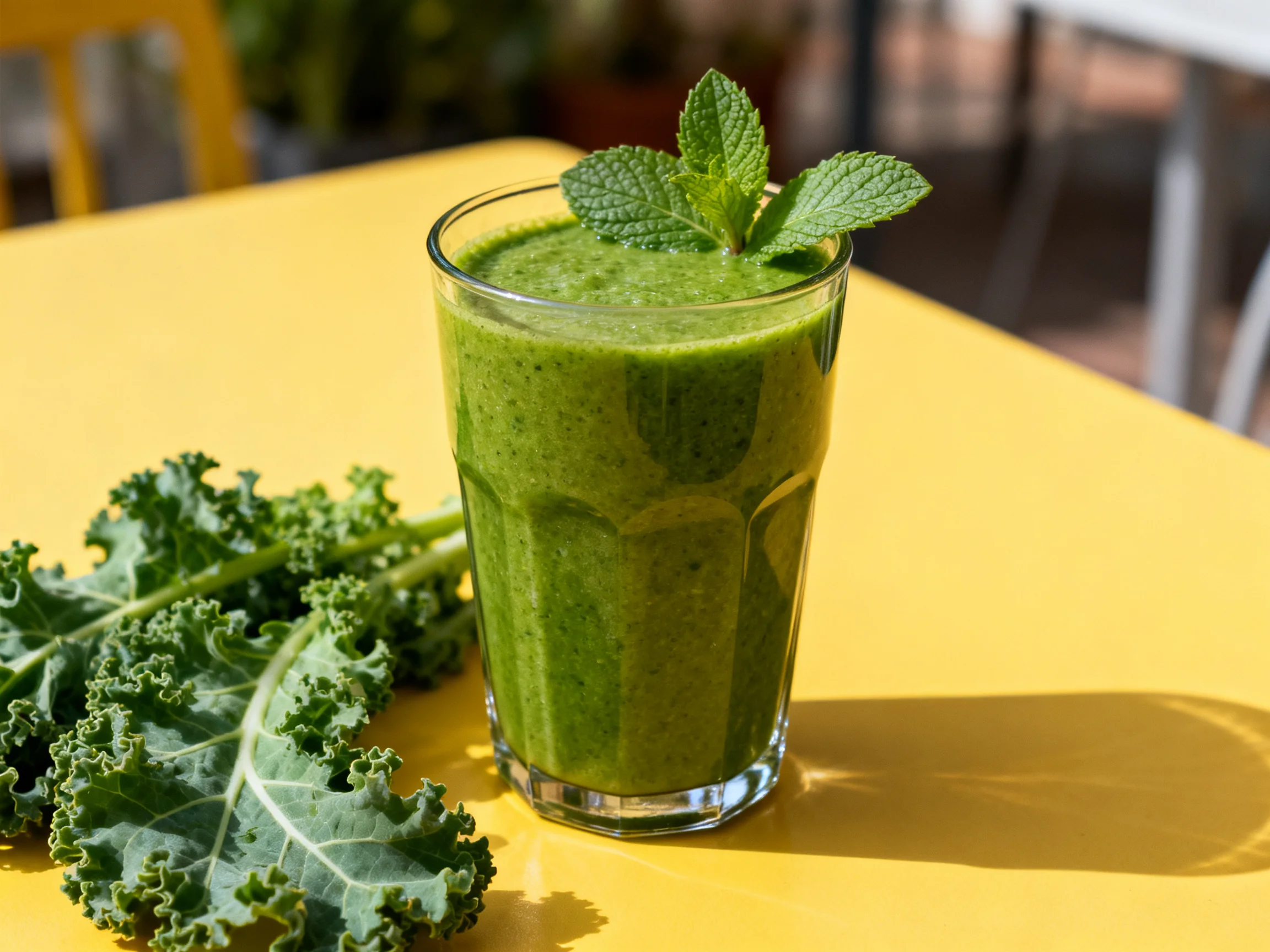 Tall glass of green smoothie with mint garnish near curly kale on yellow table