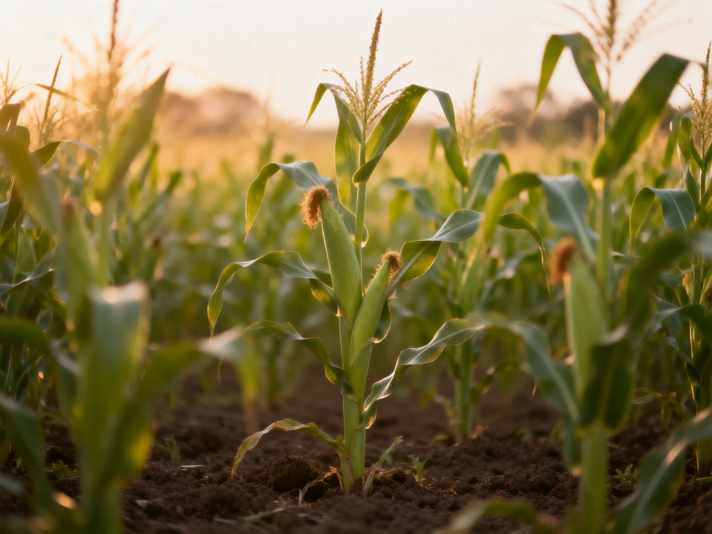Tall green corn stalks in a sunlit agricultural field with brown soil