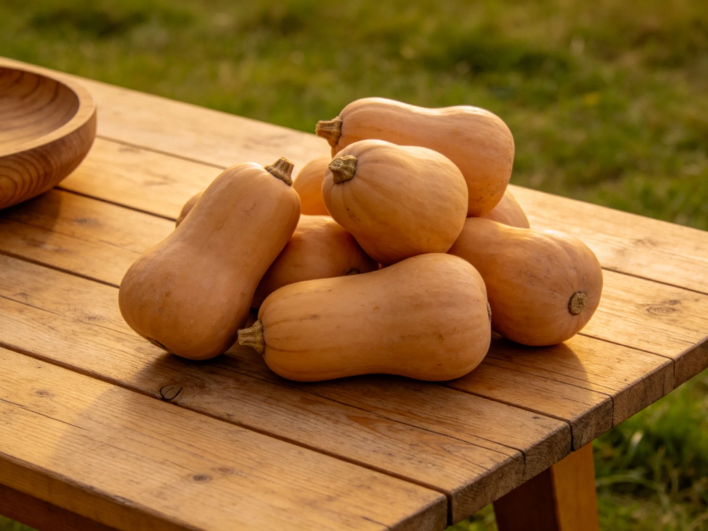 Tan butternut squashes stacked on a wooden outdoor table