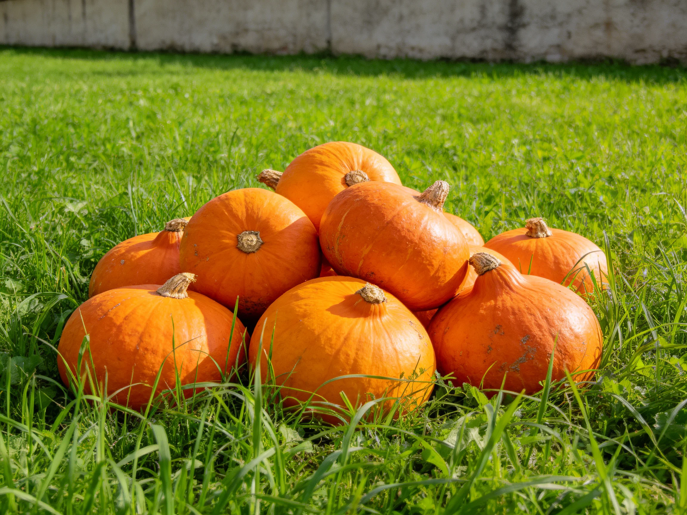 Ten bright orange pumpkins stacked on lush green grass