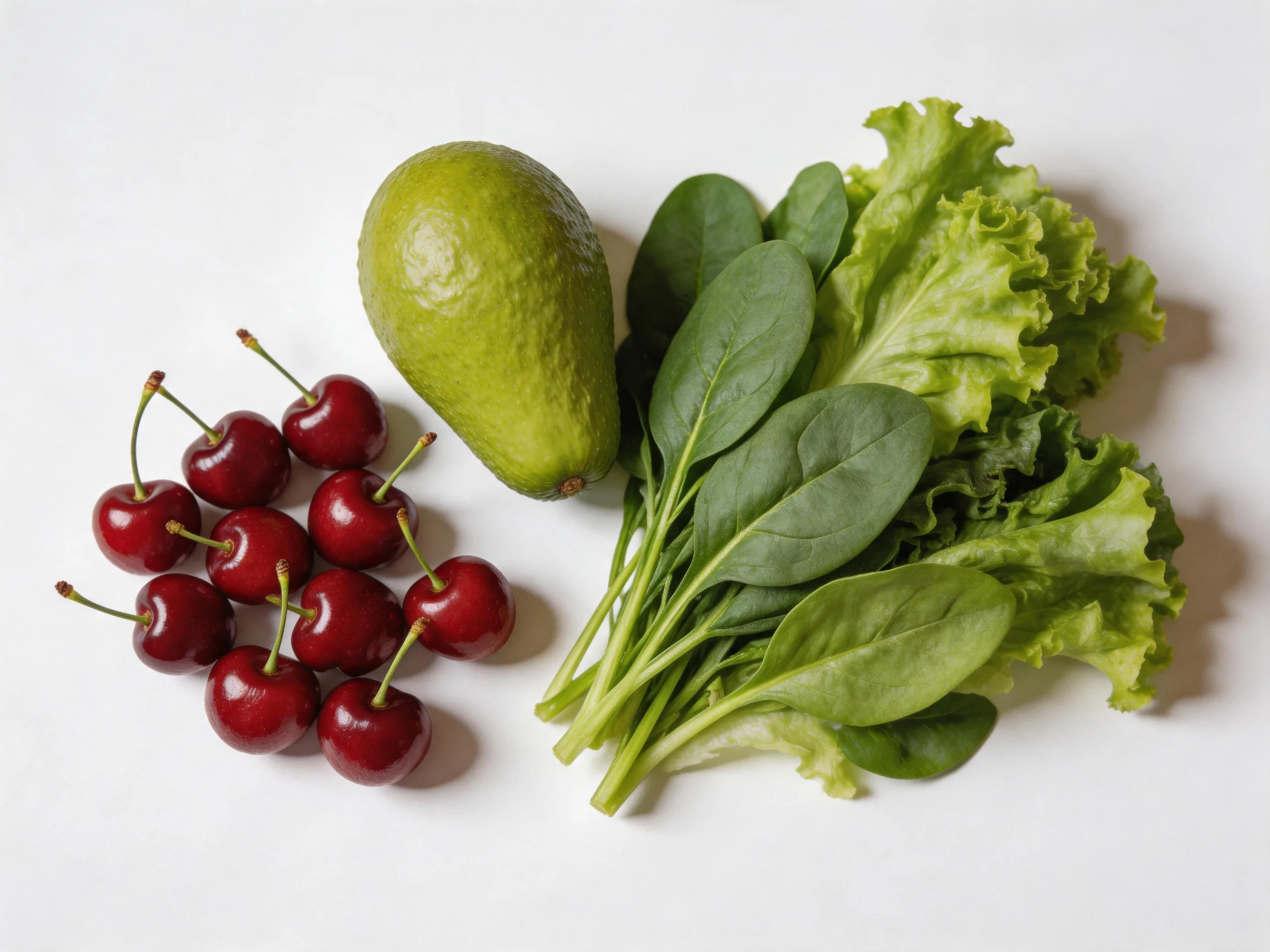 Ten cherries, one avocado, and mixed leafy greens on a white surface