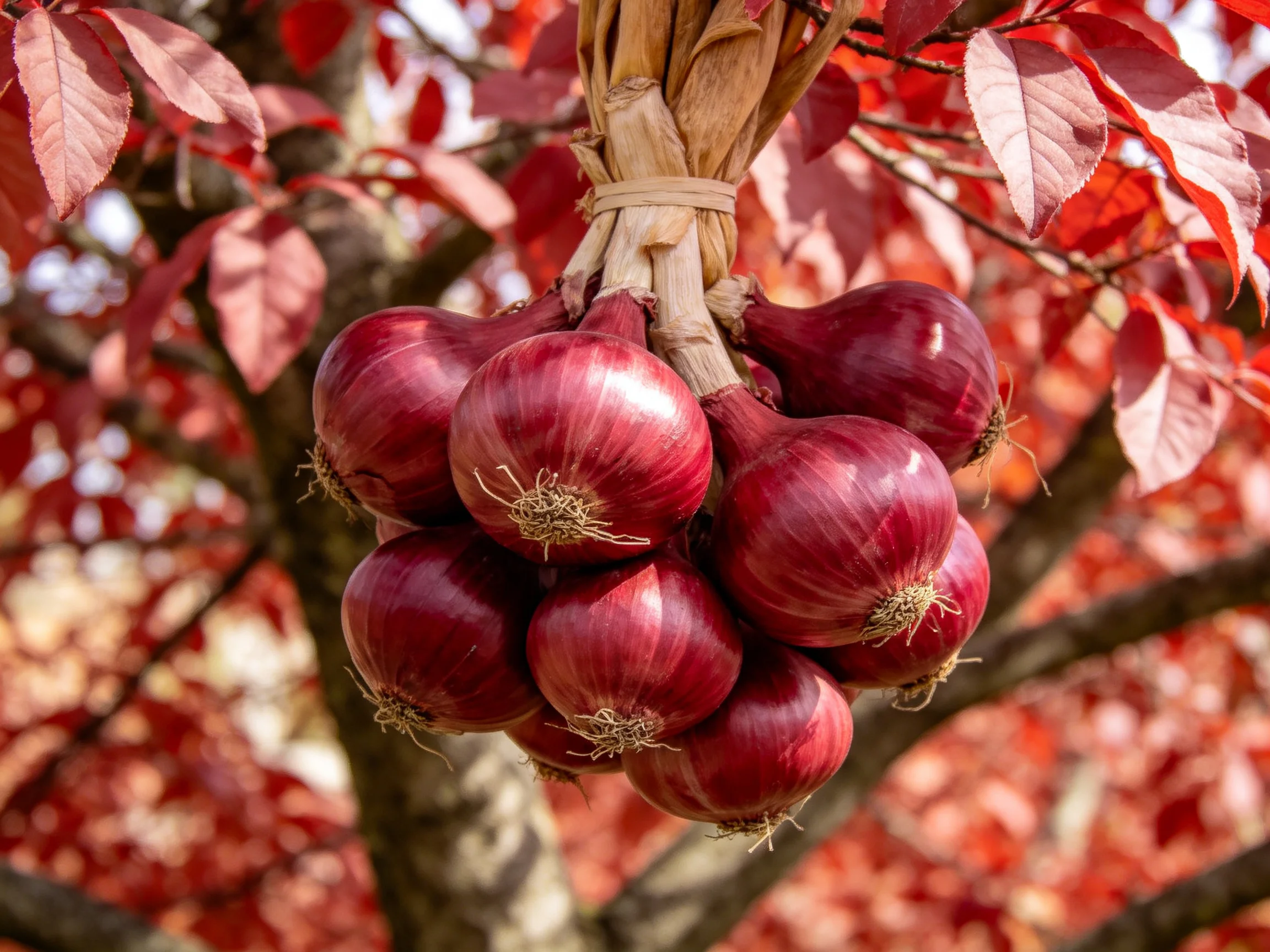 Ten deep red onions hang from reddish tree branches among autumn-colored leaves