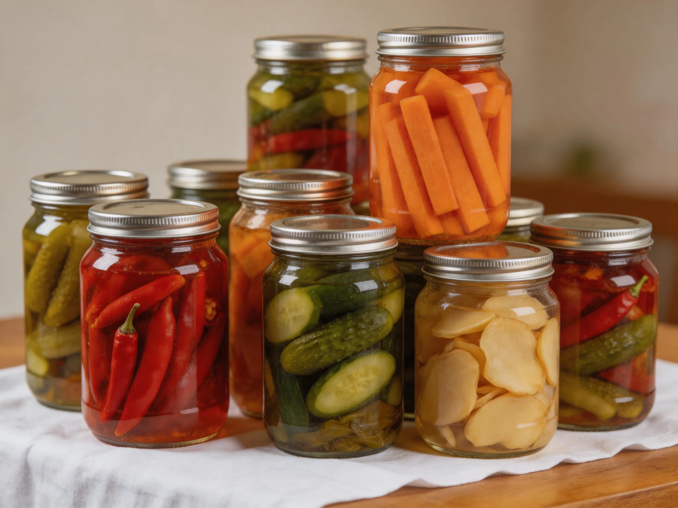 Ten glass jars filled with assorted pickled vegetables arranged on a white cloth