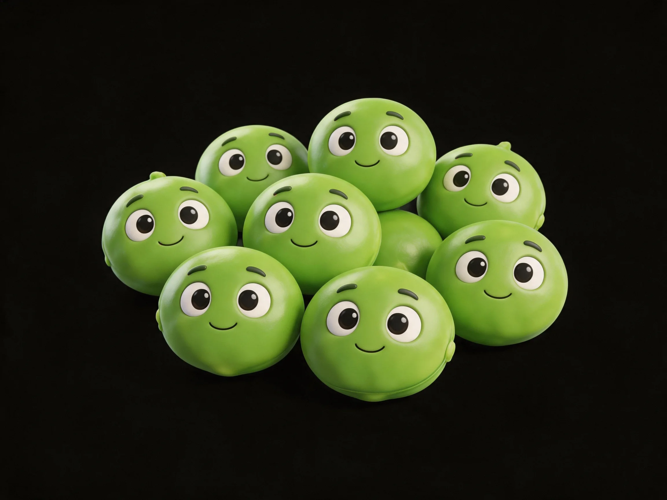 Ten green cartoon peas clustered on a black background