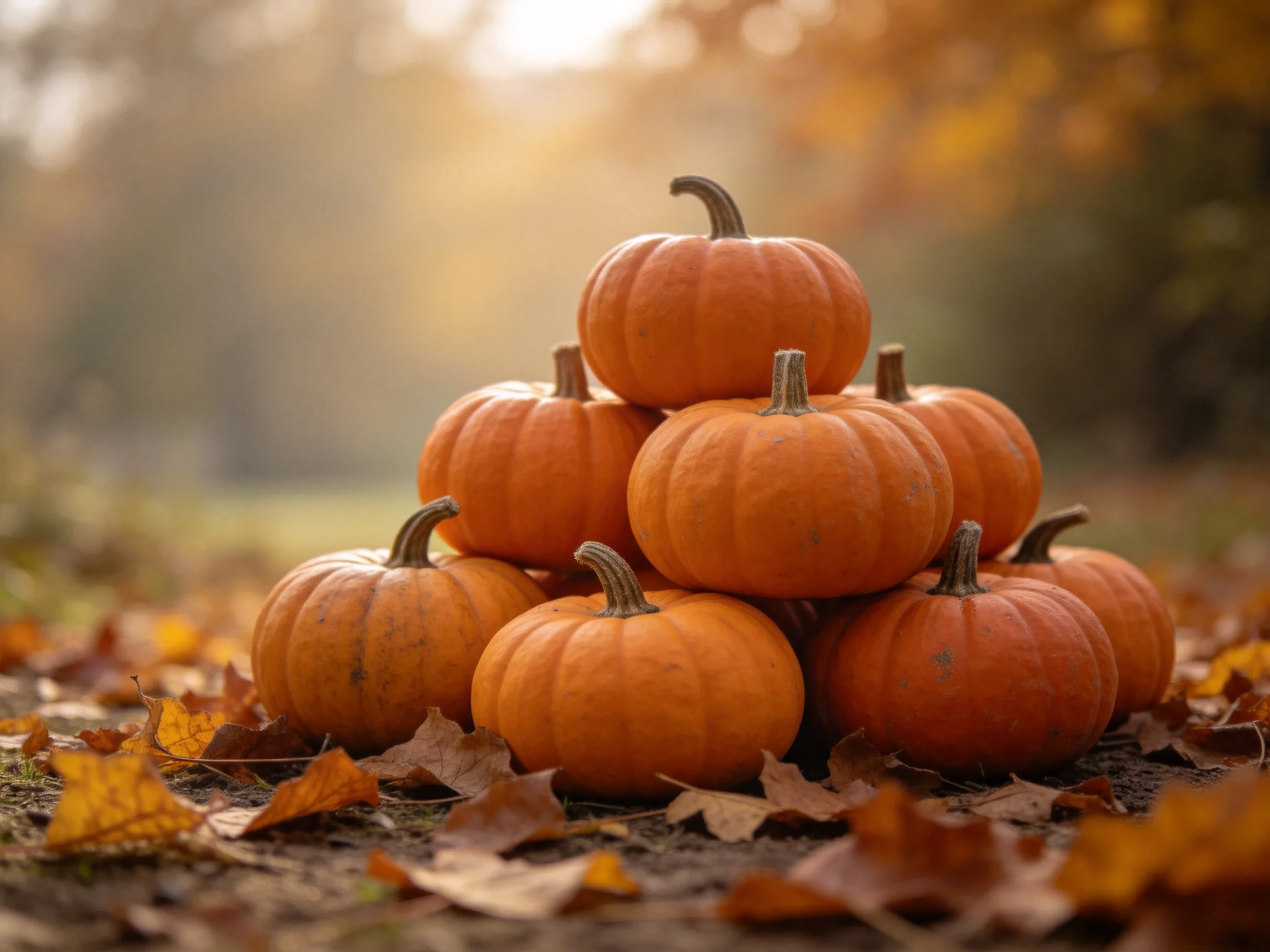 Ten small orange pumpkins stacked in a pyramid amid autumn leaves