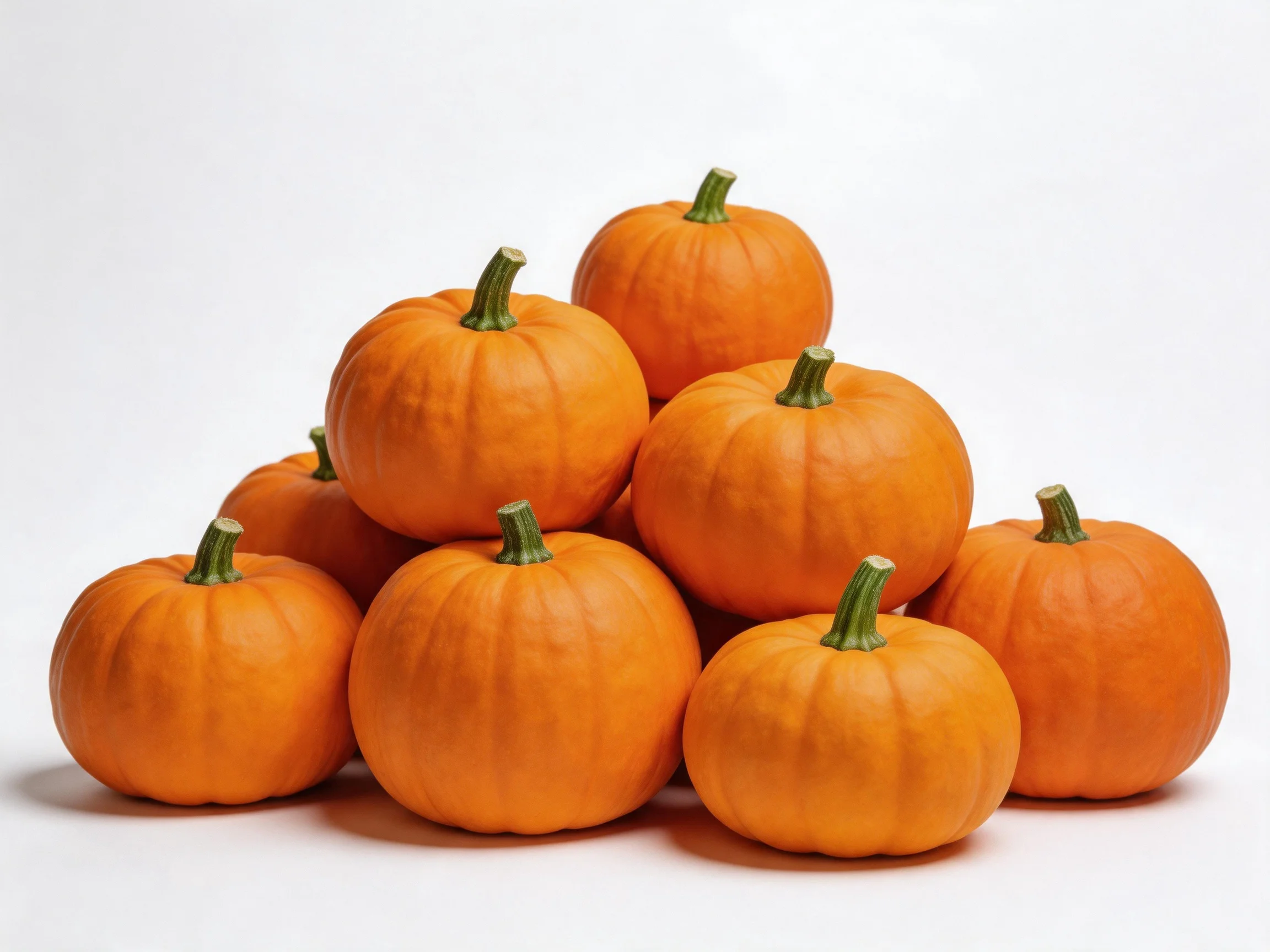 Ten small orange pumpkins stacked in a pyramid formation