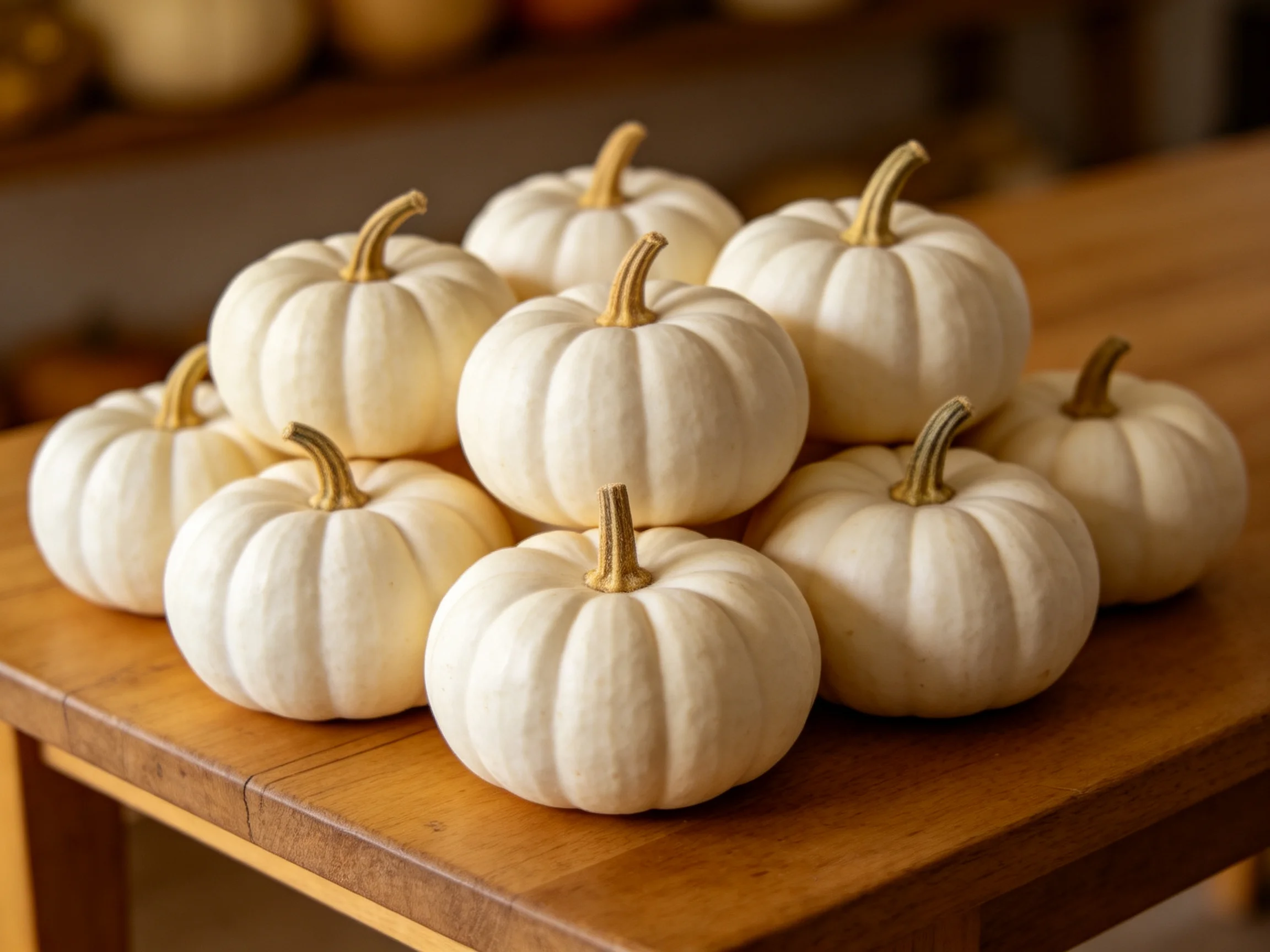 Ten small white pumpkins arranged on a wooden table