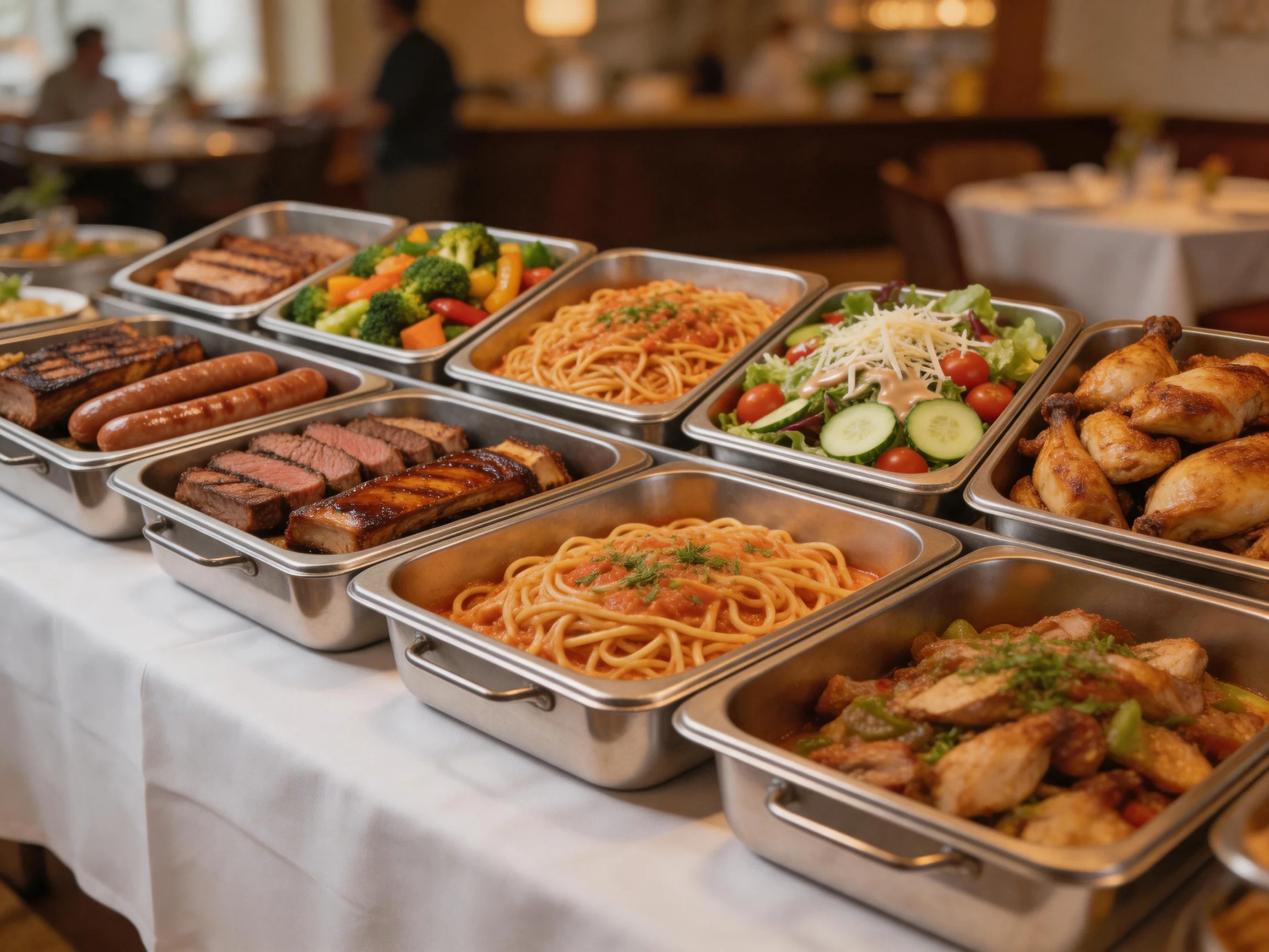 Ten stainless steel trays display diverse restaurant buffet offerings including pasta, grilled meats,