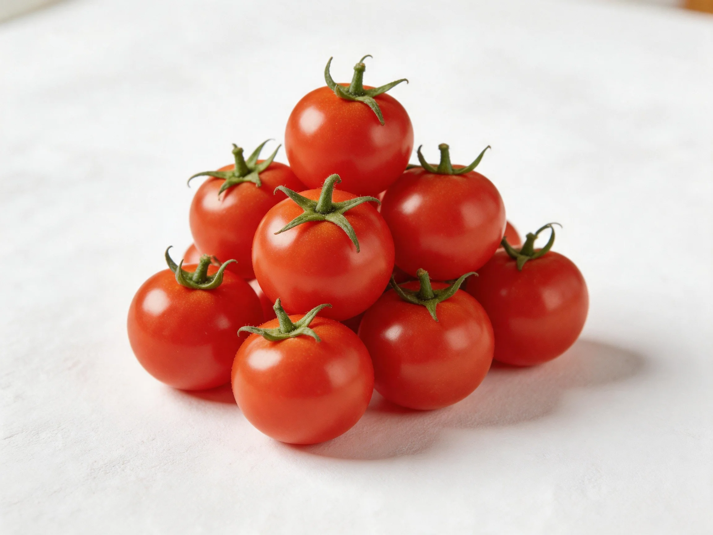 Ten vibrant cherry tomatoes arranged in a pyramid shape