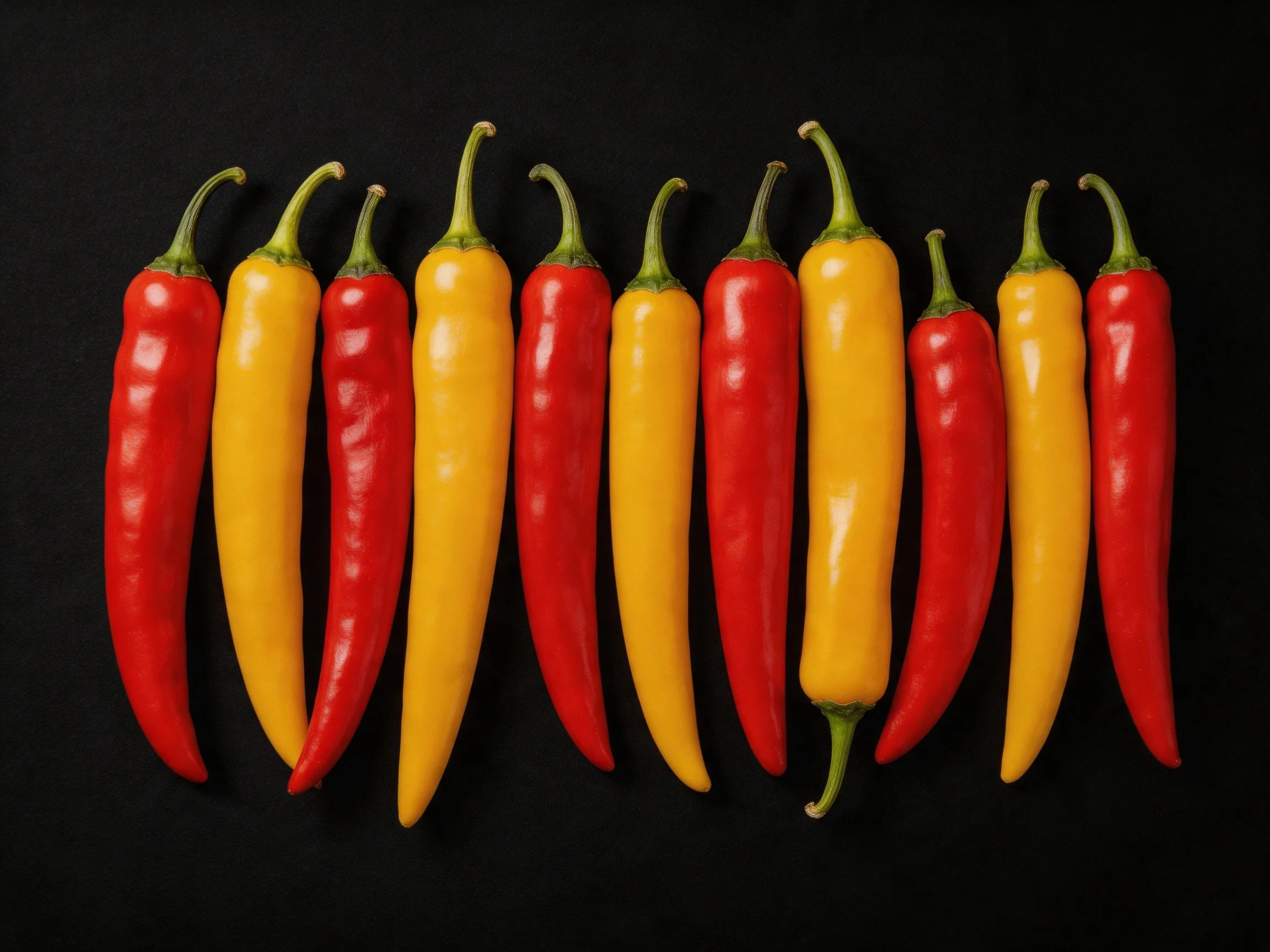 Ten vibrant red and yellow chili peppers aligned horizontally on a black backdrop