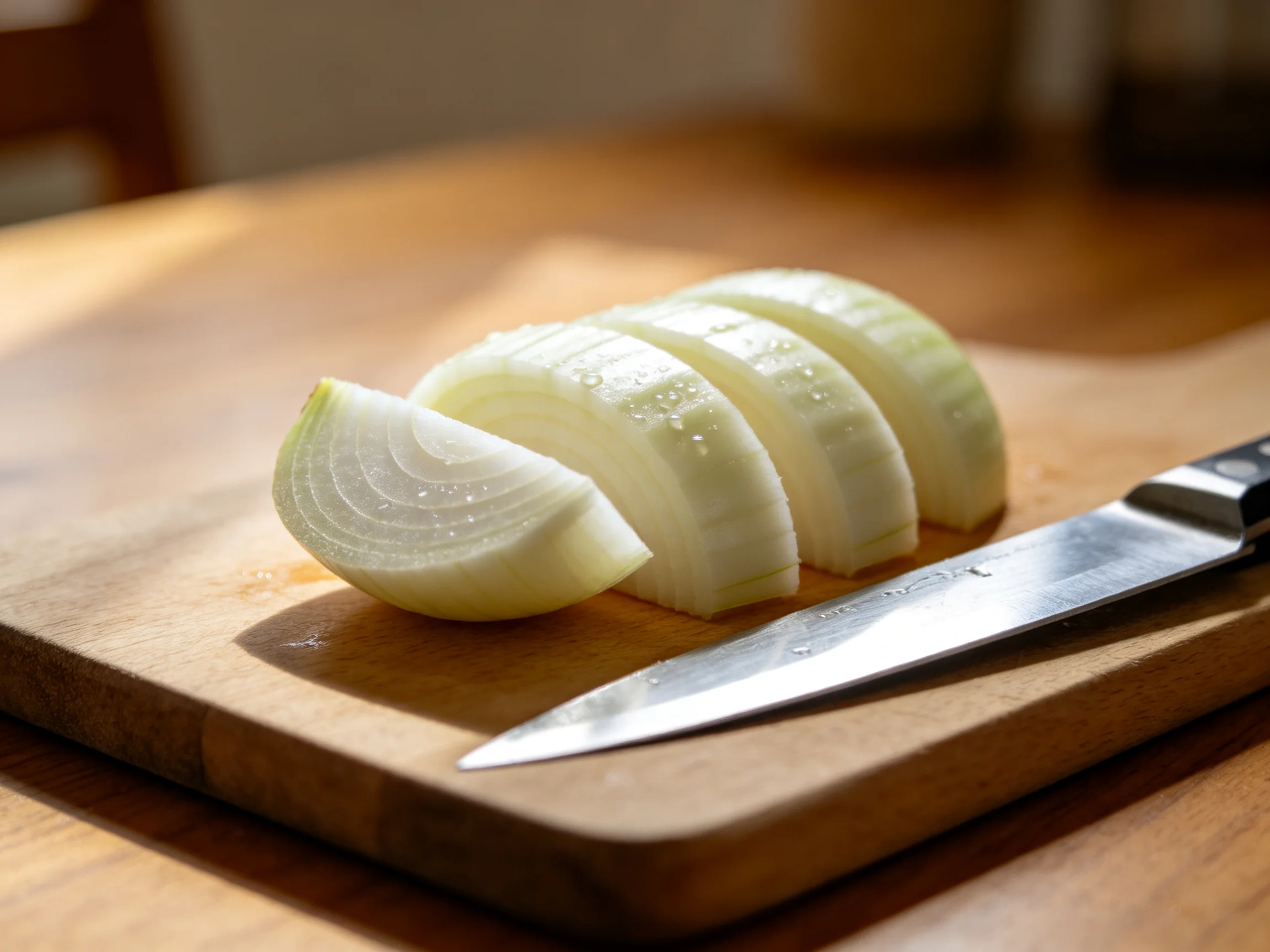 Thickly sliced white onion pieces on a wooden cutting board with a chefs knife