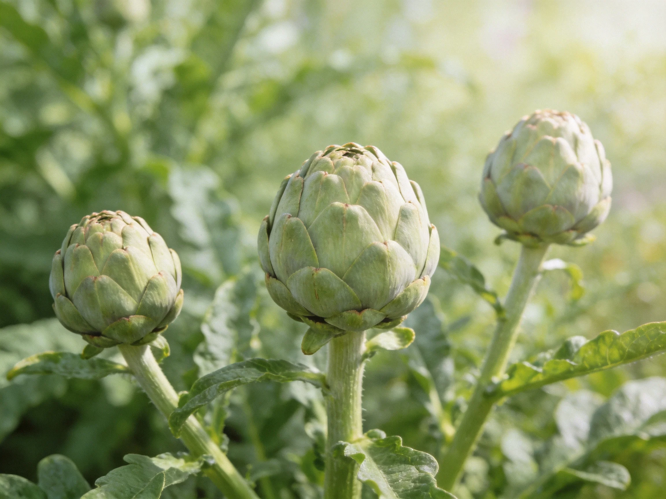 Three Green Artichoke Buds in a Sunlit Garden