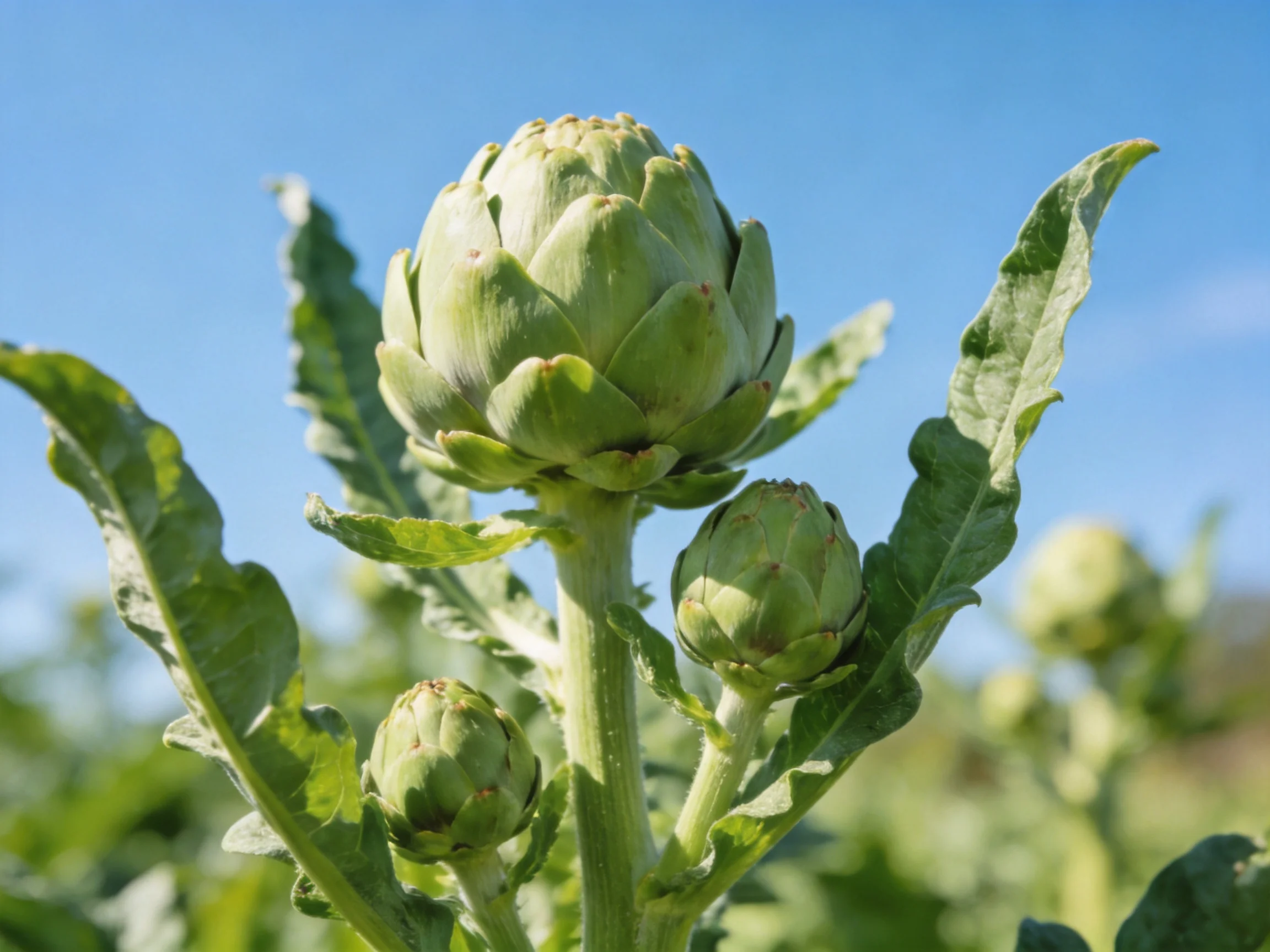 Three Green Artichoke Buds with Broad Leaves Under Clear Blue Sky