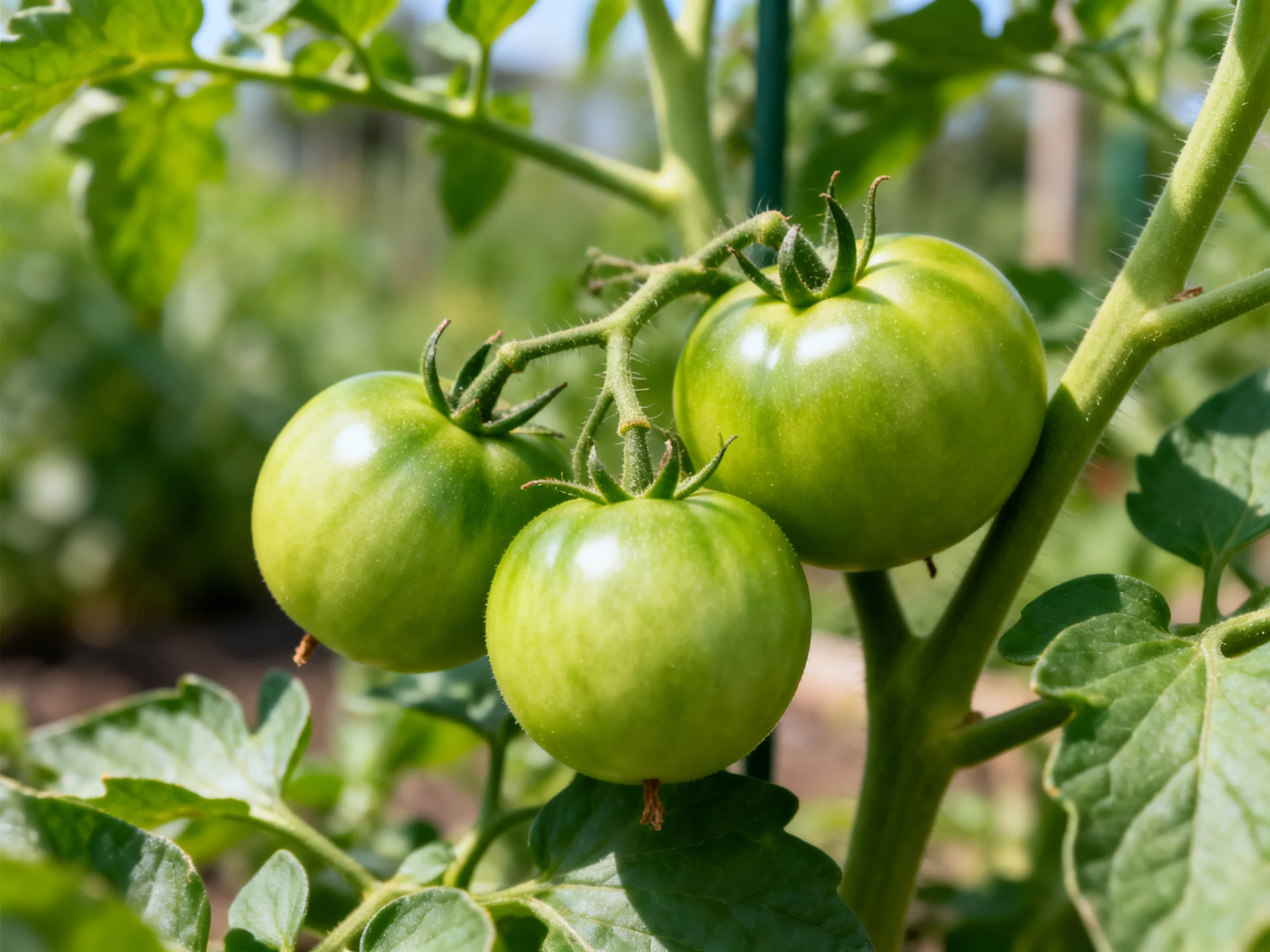 Three Unripe Green Tomatoes on a Healthy Tomato Plant