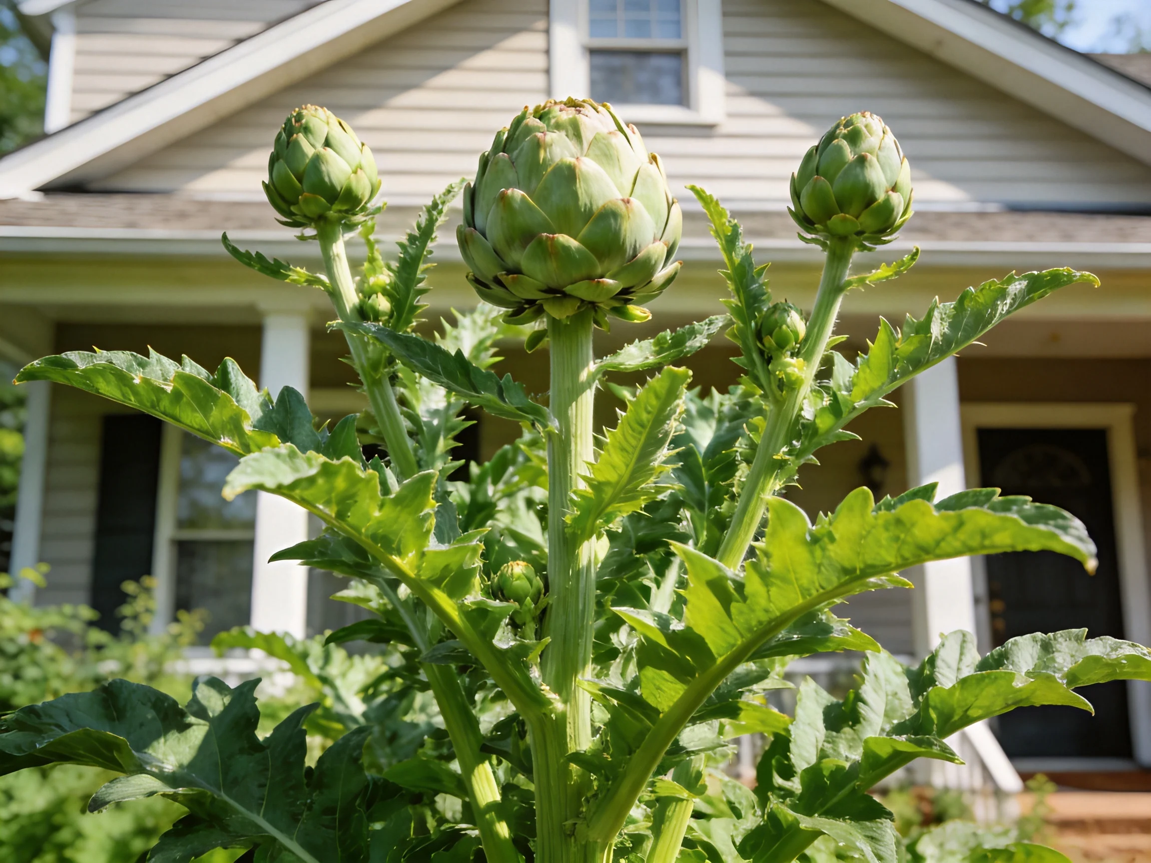 Three artichoke buds growing near a beige-sided house with white trim