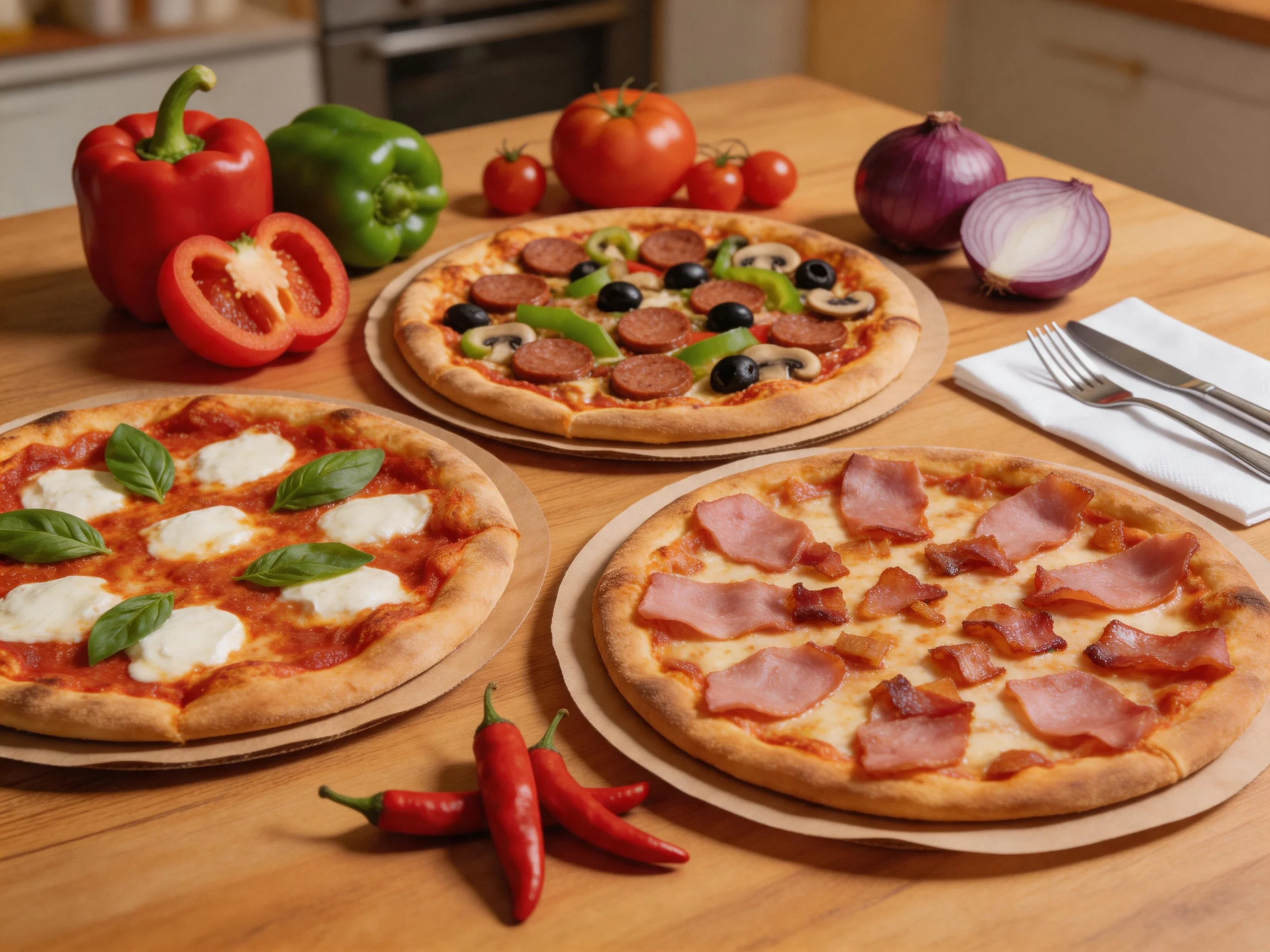 Three assorted pizzas displayed on a wooden table with colorful fresh vegetables