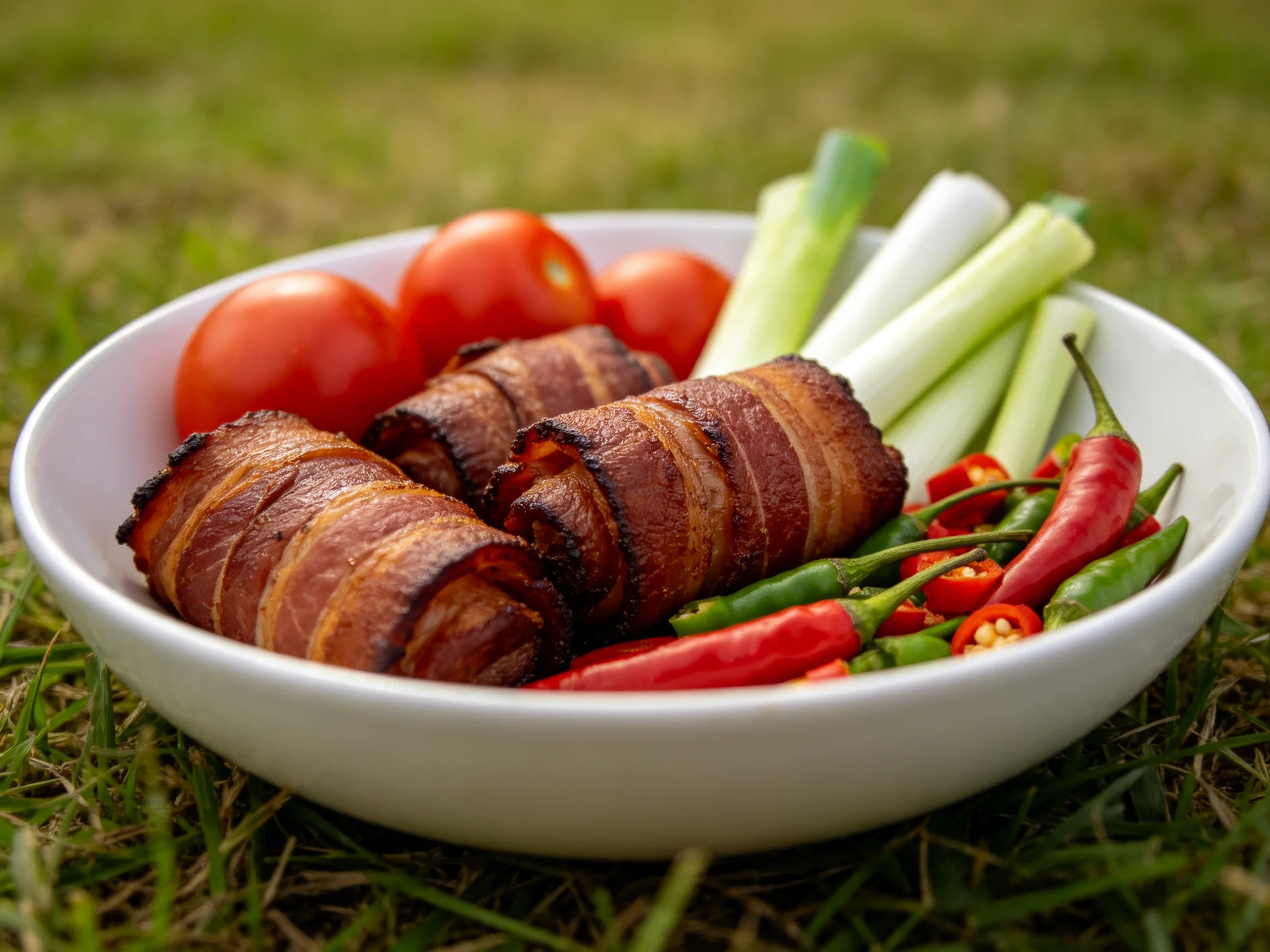 Three bacon-wrapped rolls, cherry tomatoes, scallions, and chilies in a white bowl outdoors.