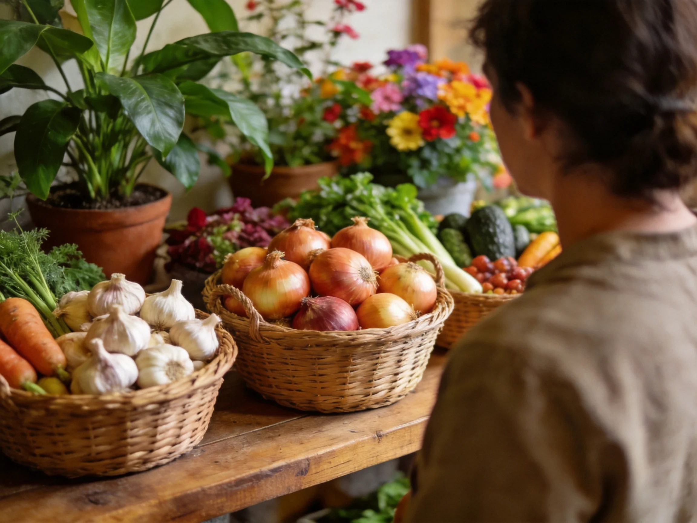 Three baskets of fresh vegetables and vibrant flowers beside a person