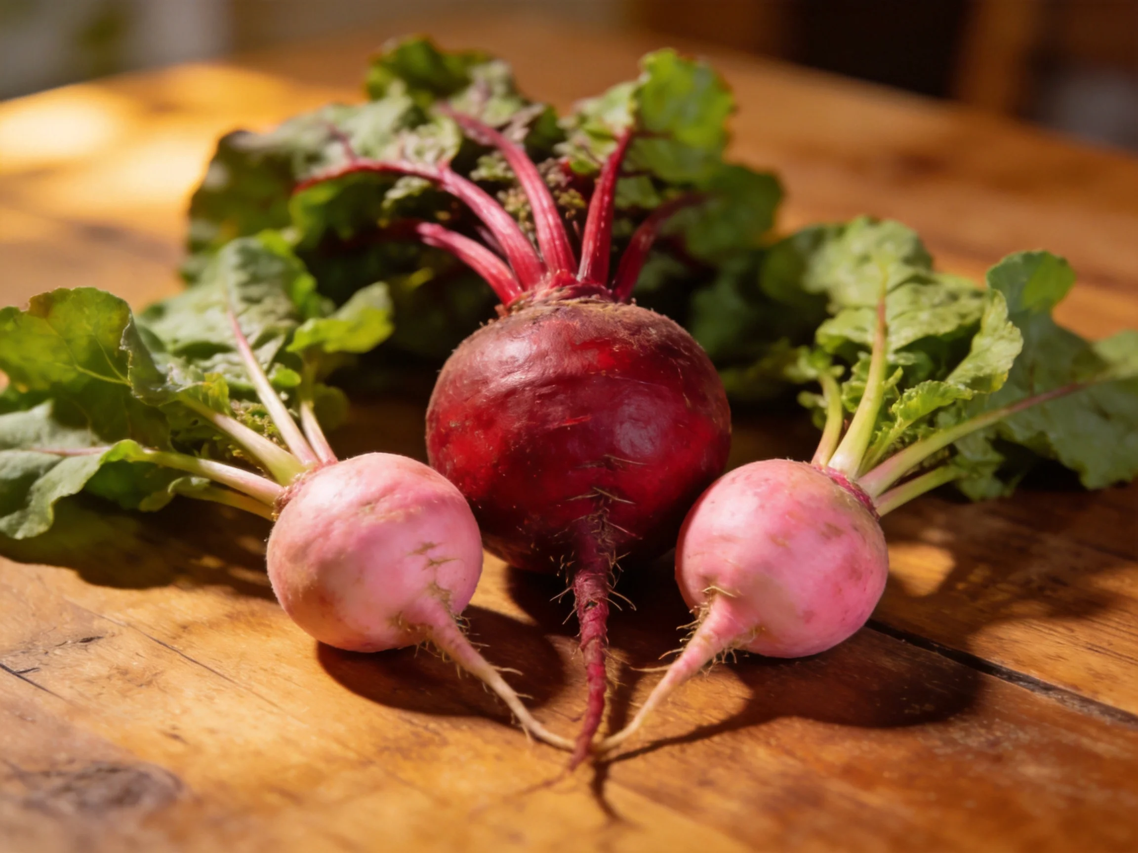 Three beets, two small pink, one large red, with green tops on a wooden table