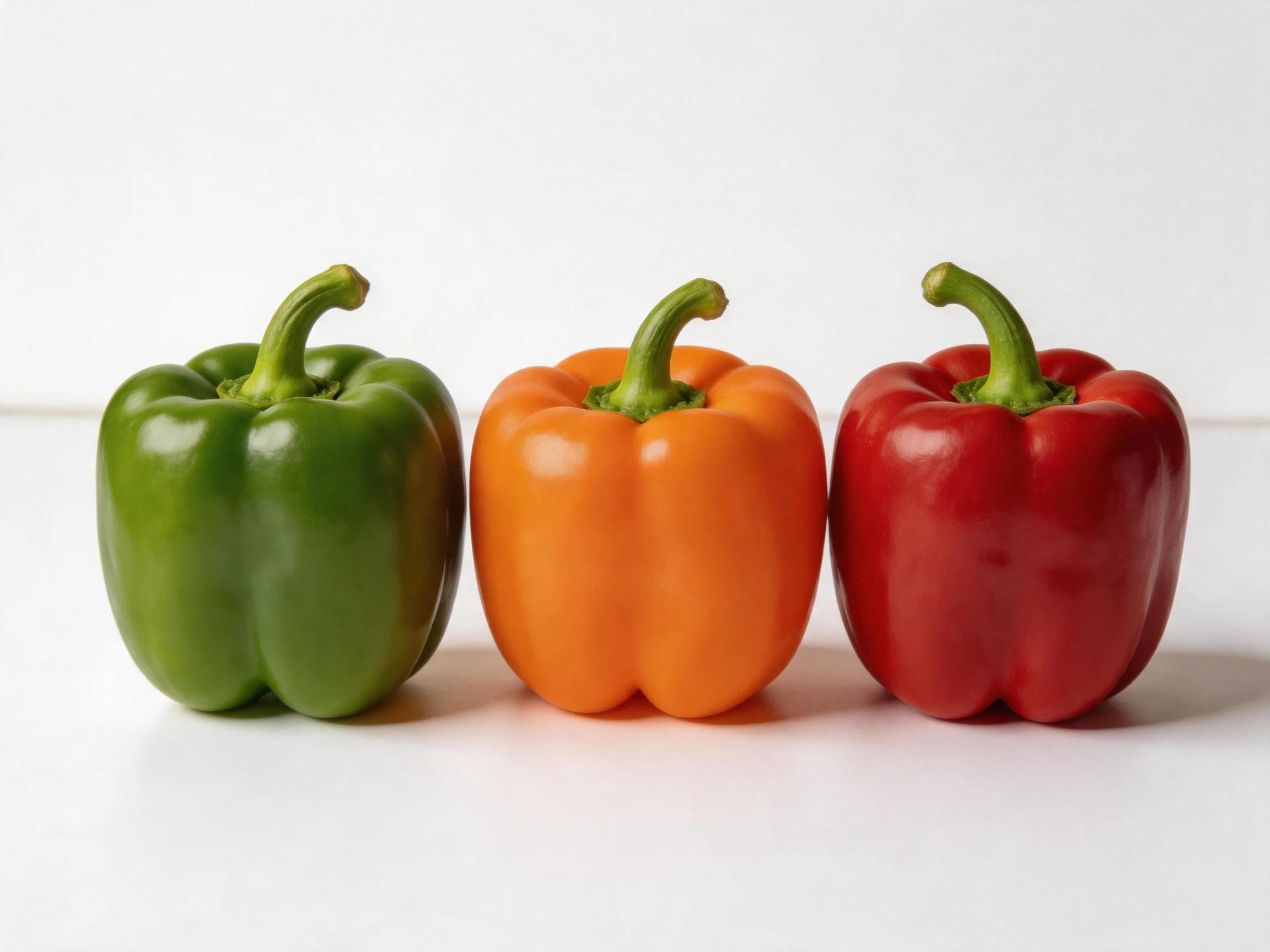 Three bell peppers in green, orange, and red colors arranged horizontally