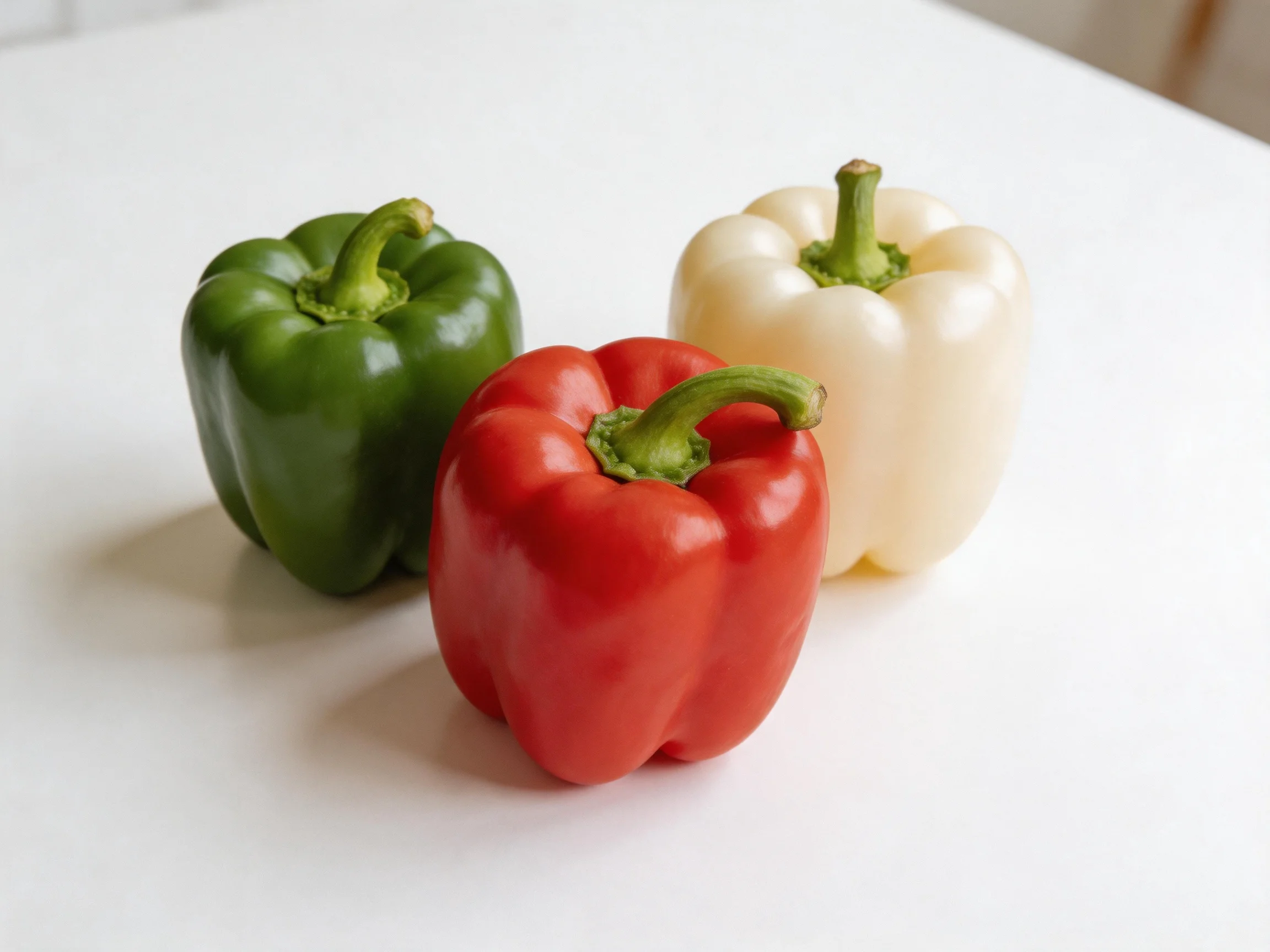 Three bell peppers in green, red, and white hues arranged on a plain surface
